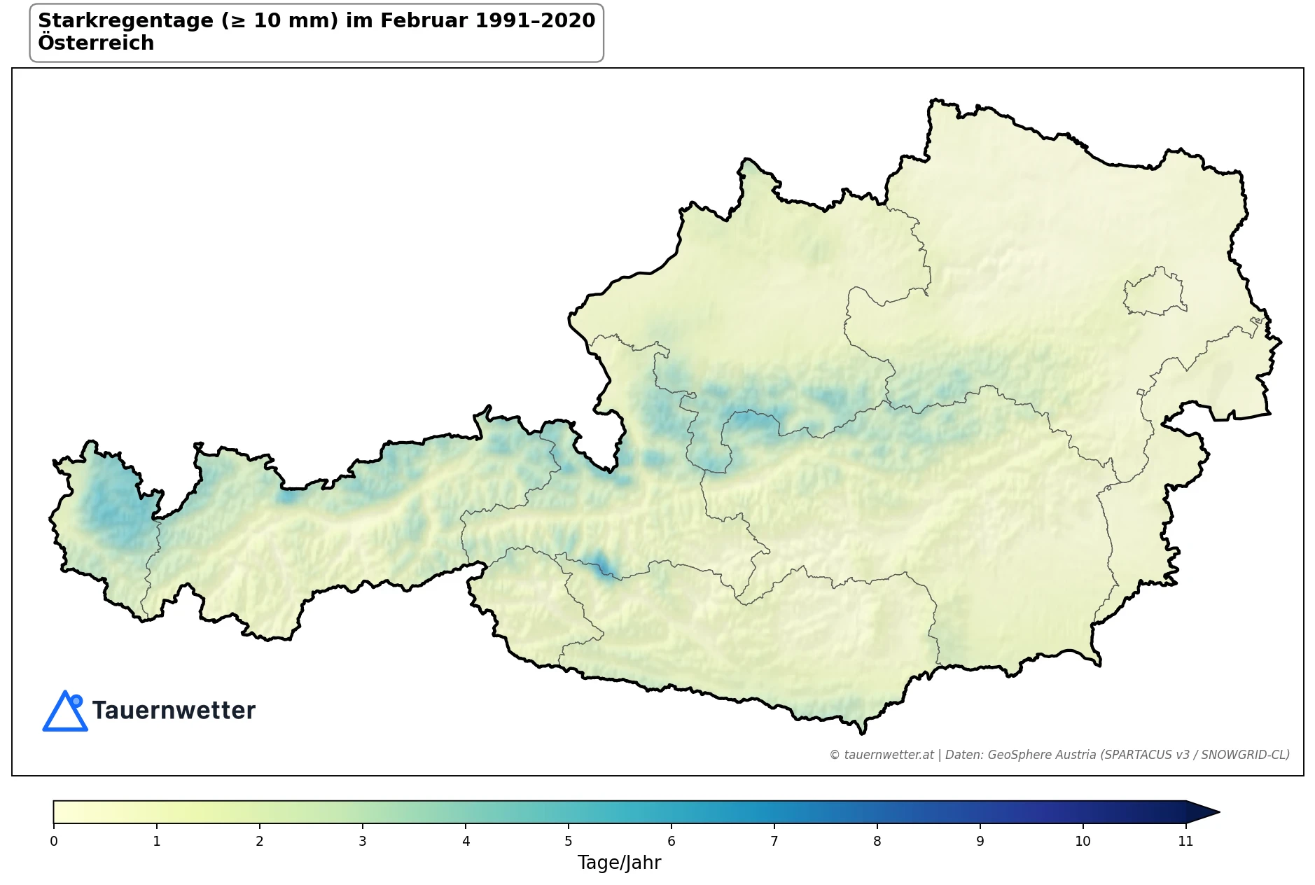 Klimakarte Starkniederschlagstage (≥ 10 mm), Februar 1991–2020 in Österreich