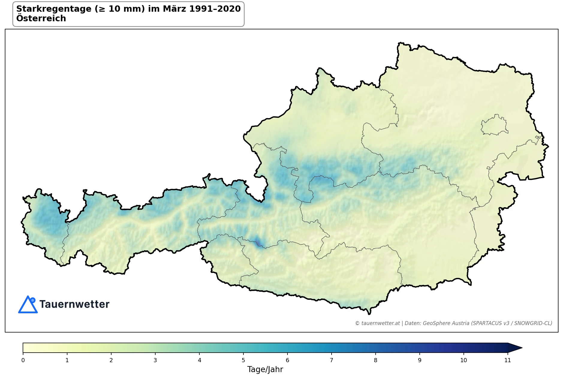 Klimakarte Starkniederschlagstage (≥ 10 mm), März 1991–2020 in Österreich