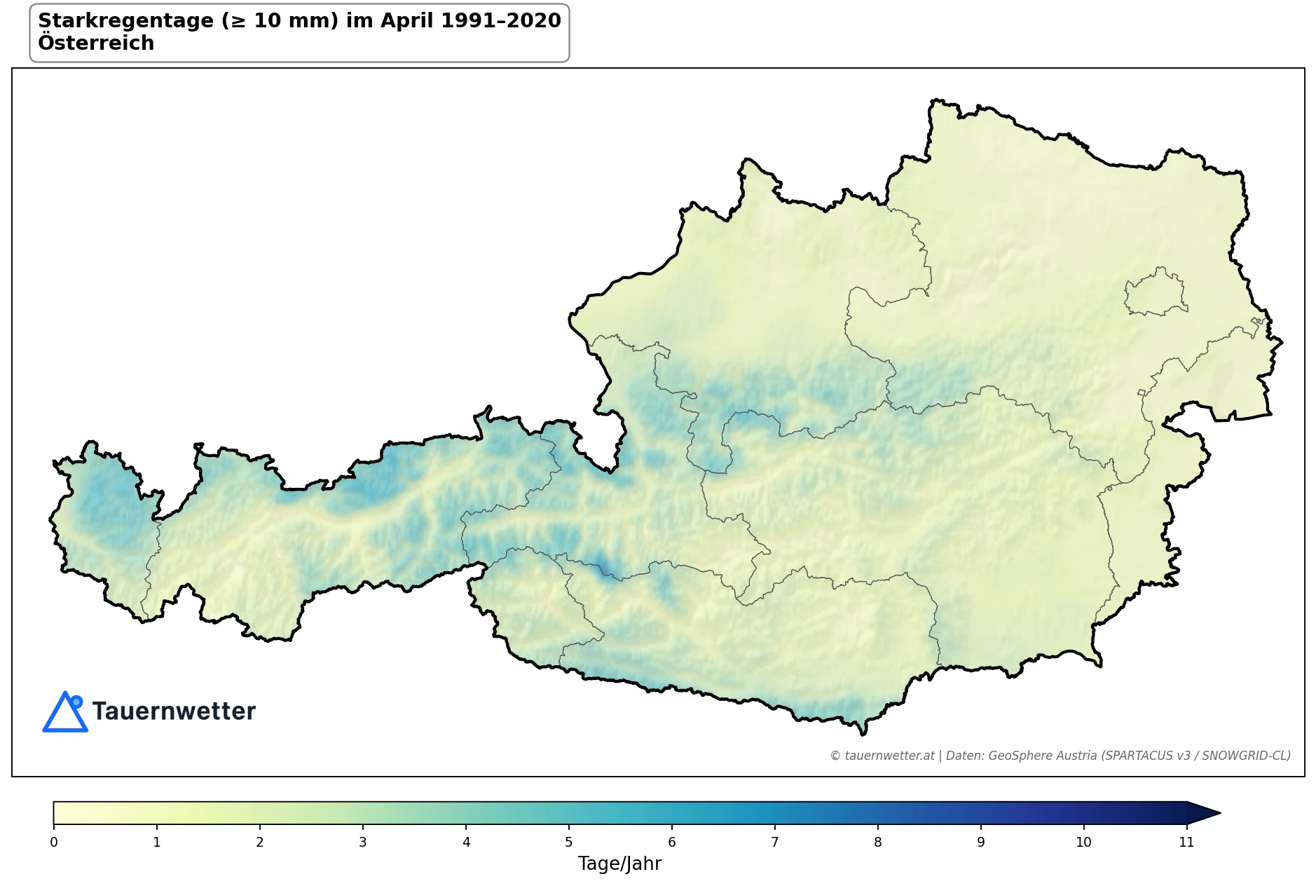 Klimakarte Starkniederschlagstage (≥ 10 mm), April 1991–2020 in Österreich