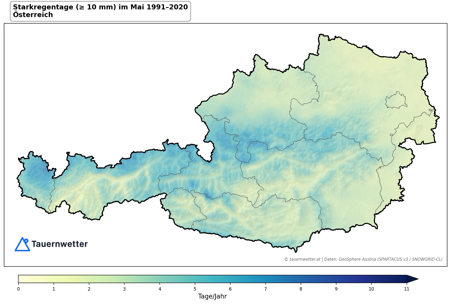 Klimakarte Starkniederschlagstage (≥ 10 mm), Mai 1991–2020 in Österreich