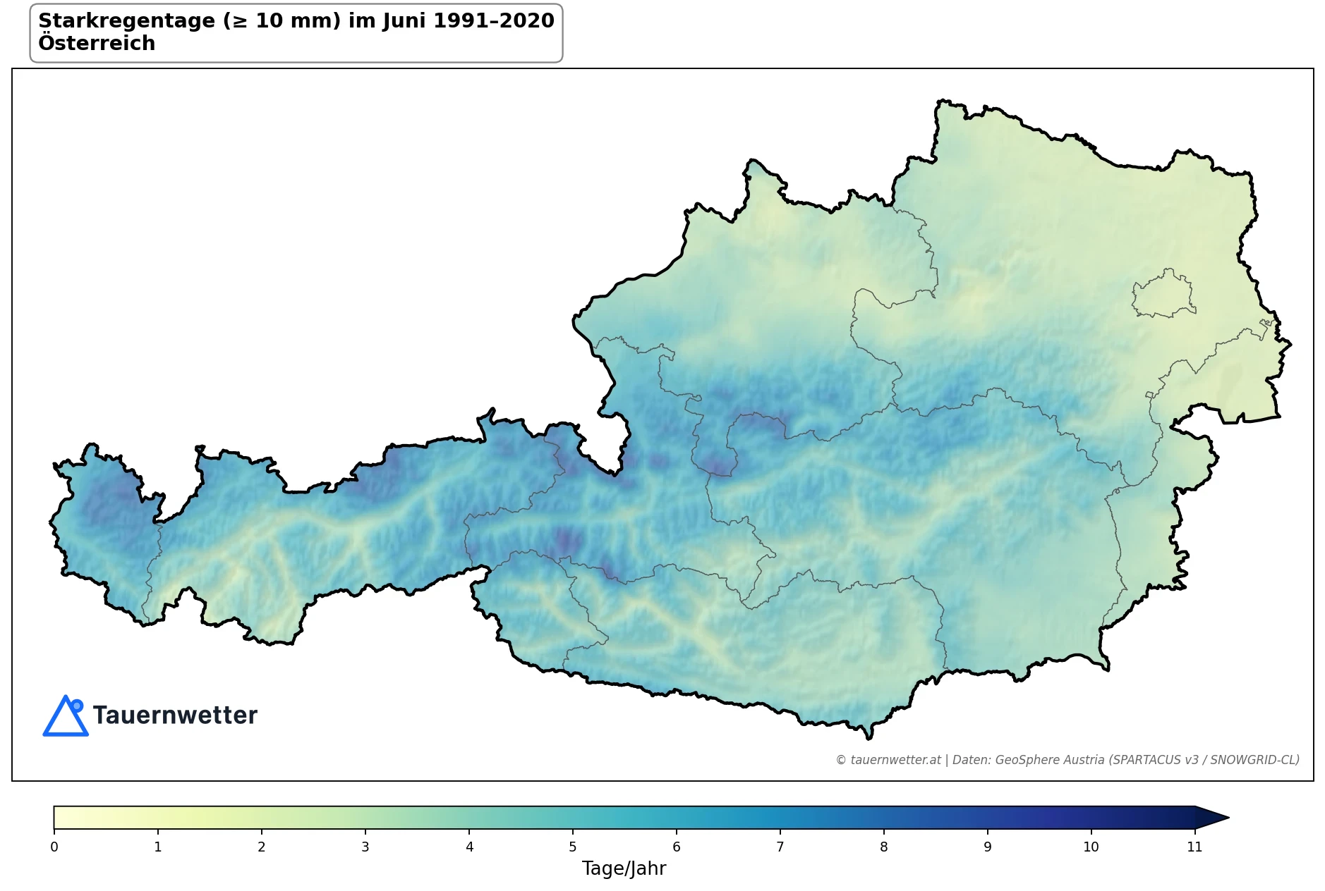 Klimakarte Starkniederschlagstage (≥ 10 mm), Juni 1991–2020 in Österreich