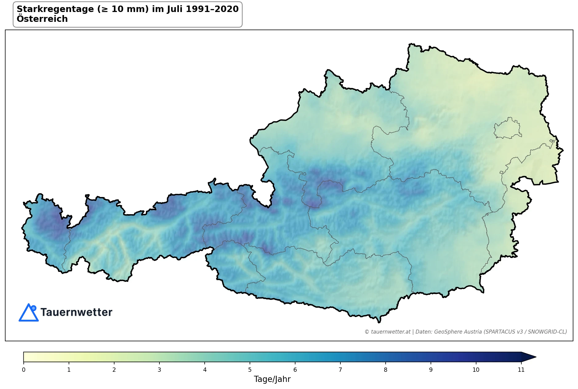 Klimakarte Starkniederschlagstage (≥ 10 mm), Juli 1991–2020 in Österreich