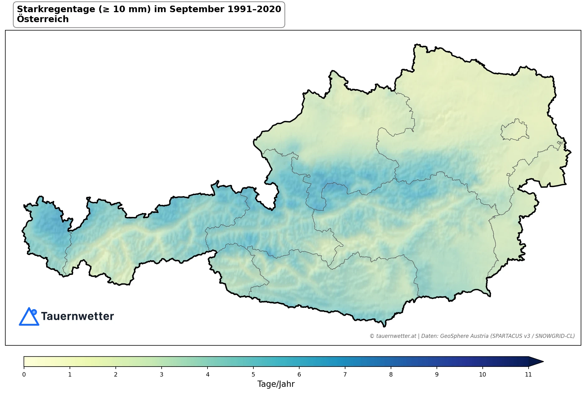 Klimakarte Starkniederschlagstage (≥ 10 mm), September 1991–2020 in Österreich