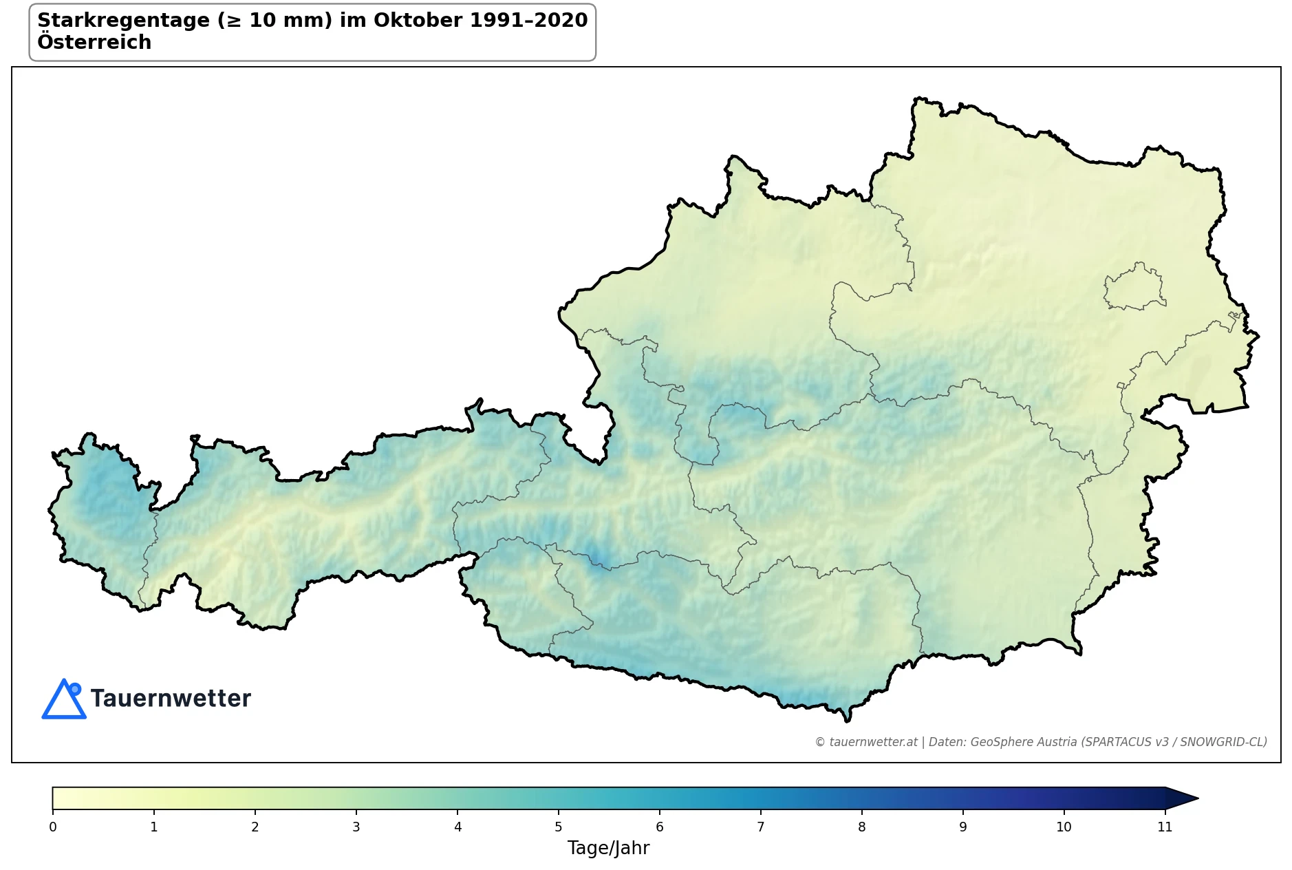 Klimakarte Starkniederschlagstage (≥ 10 mm), Oktober 1991–2020 in Österreich