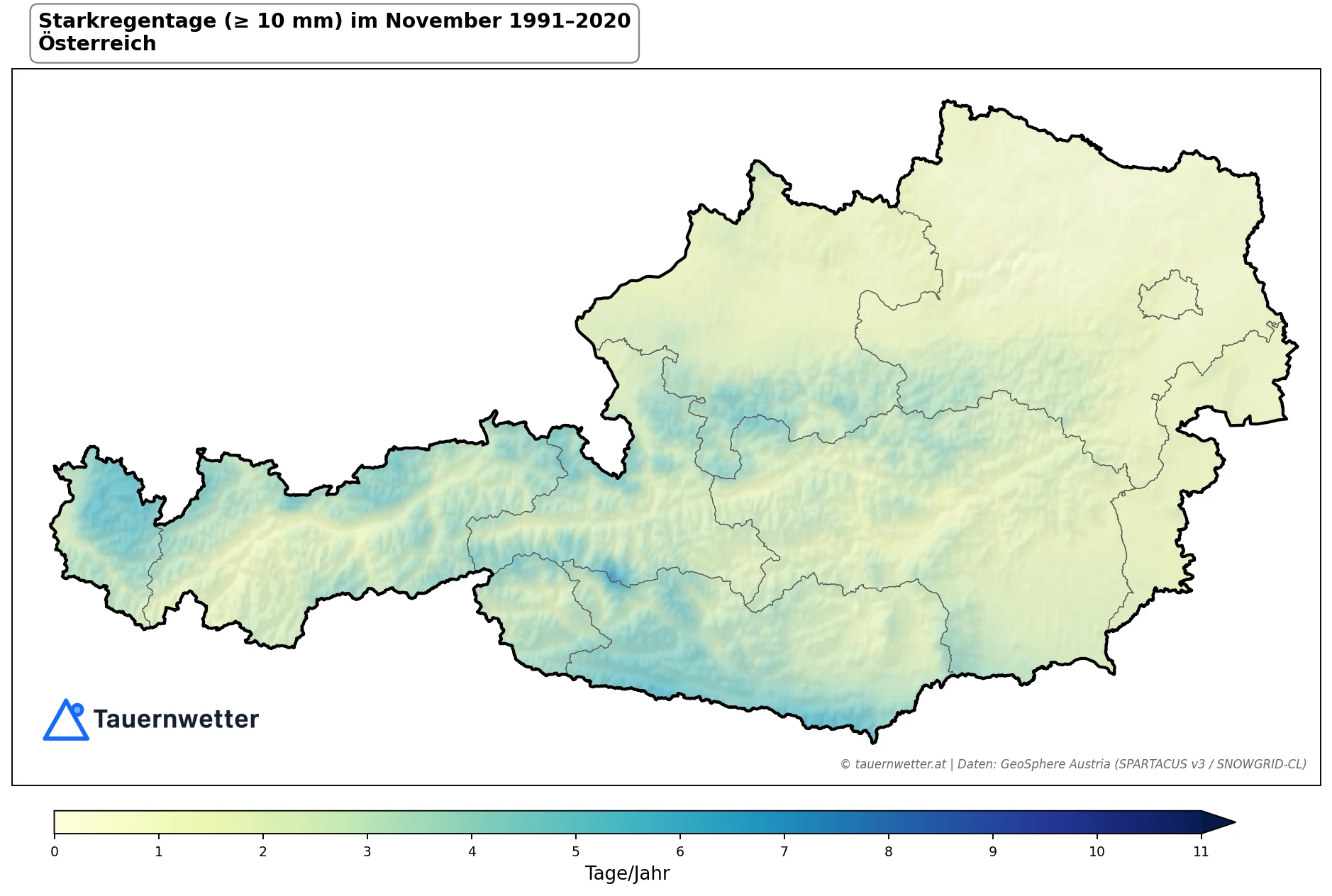 Klimakarte Starkniederschlagstage (≥ 10 mm), November 1991–2020 in Österreich