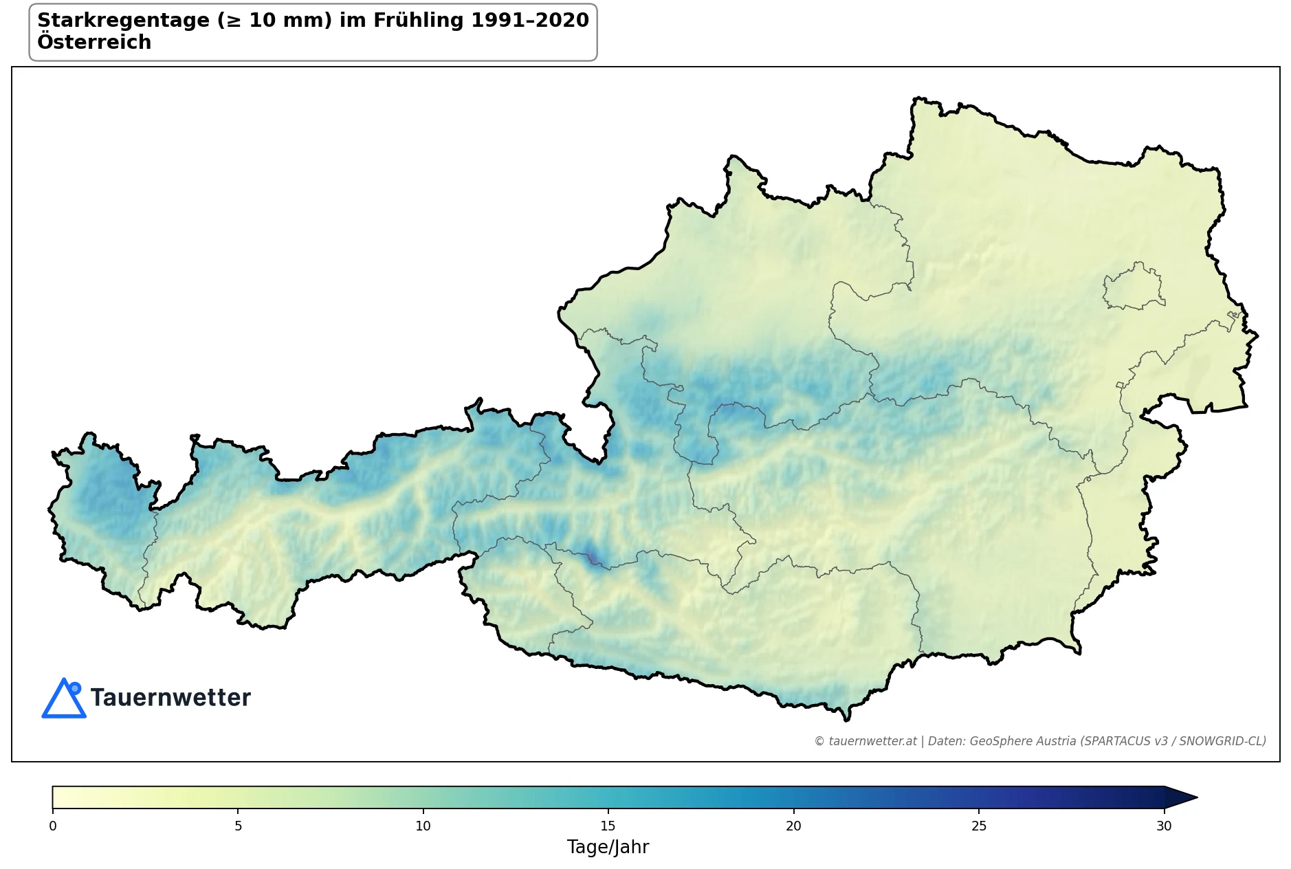Klimakarte Starkniederschlagstage (≥ 10 mm), Frühling (MAM) 1991–2020 in Österreich