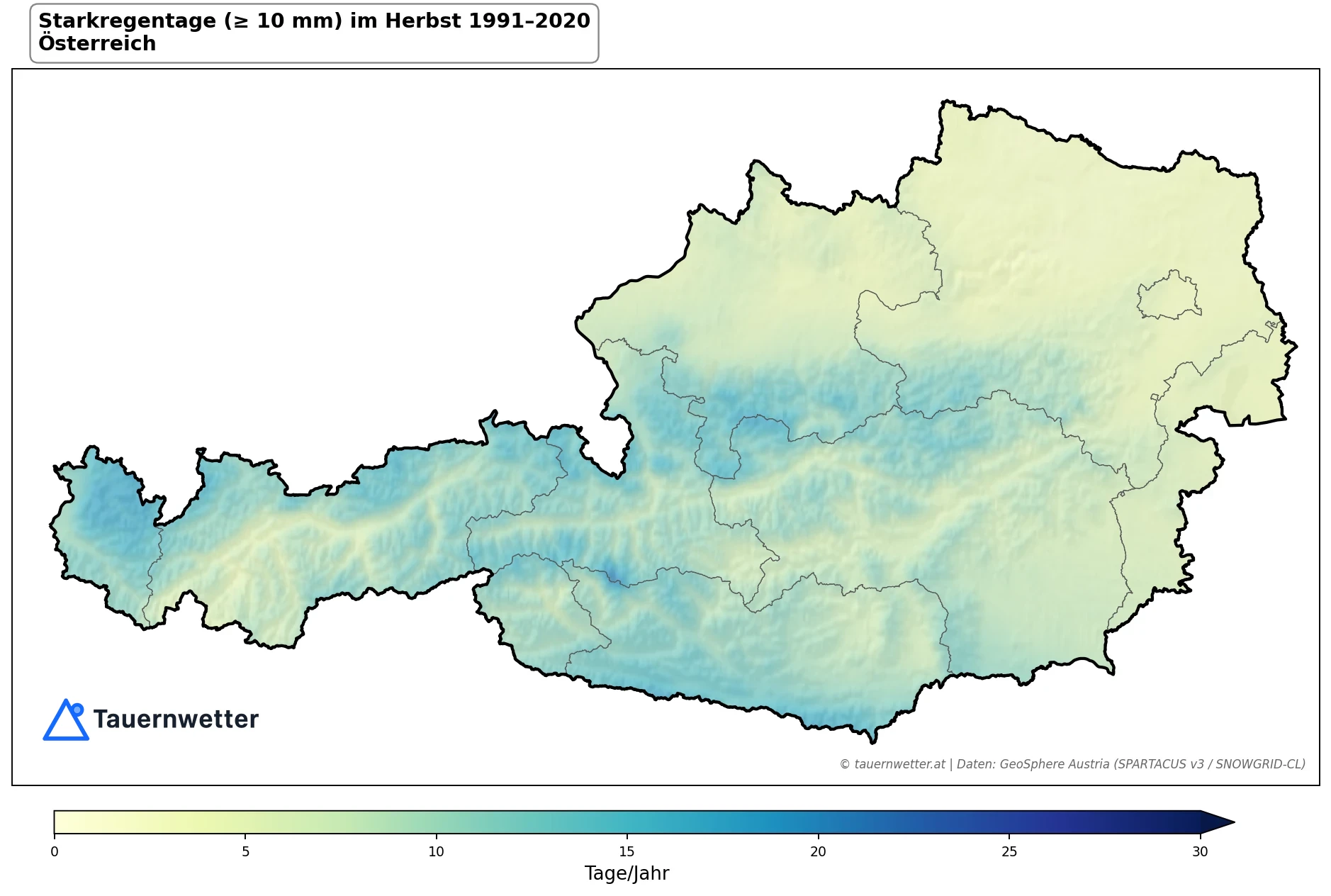 Klimakarte Starkniederschlagstage (≥ 10 mm), Herbst (SON) 1991–2020 in Österreich
