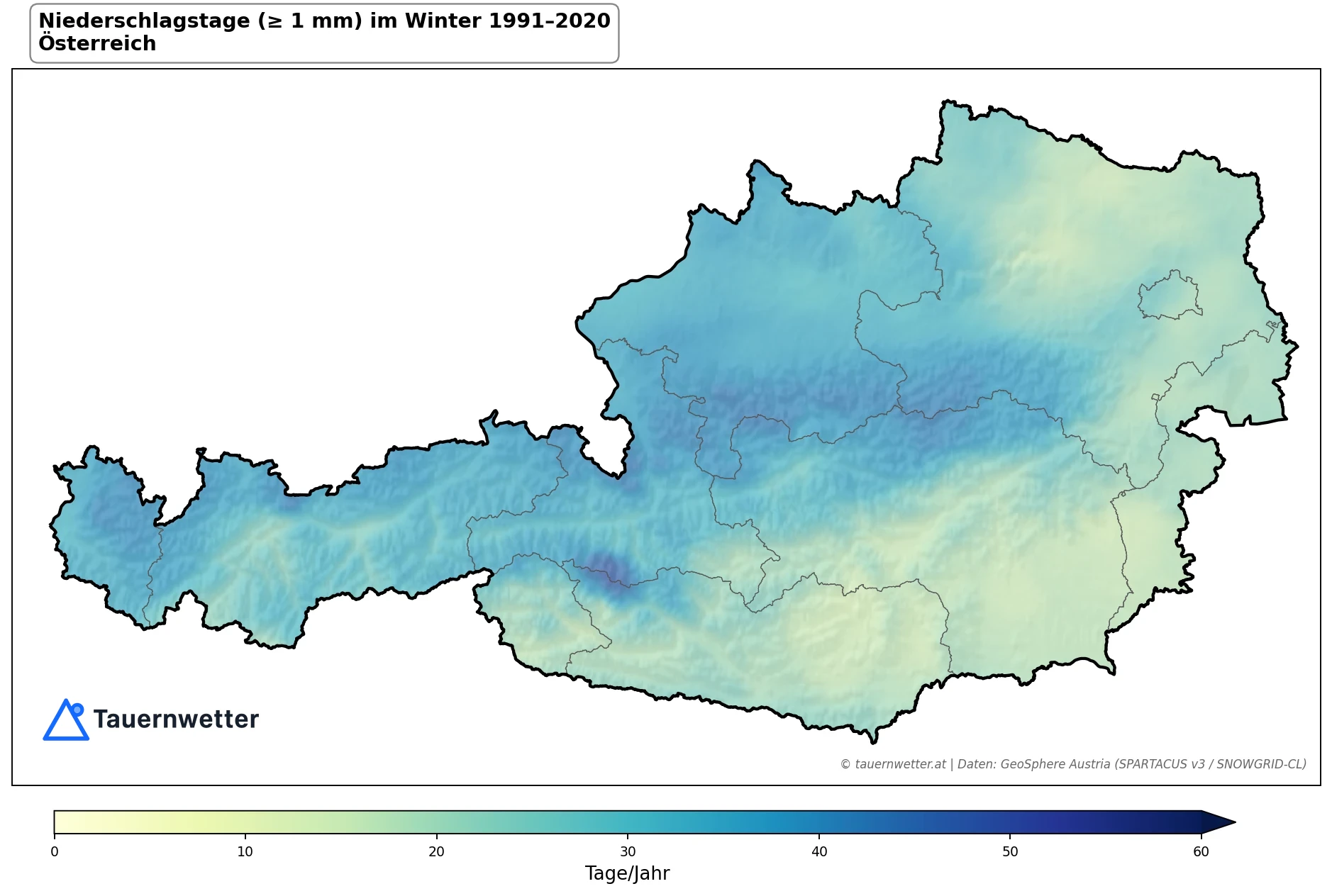 Klimakarte Niederschlagstage (≥ 1 mm), Winter (DJF) 1991–2020 in Österreich