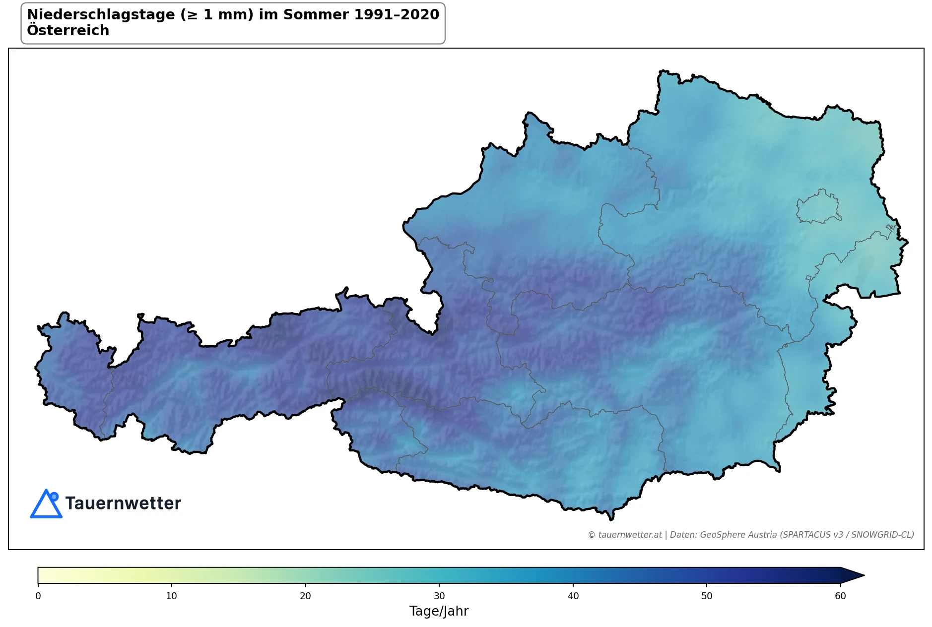 Klimakarte Niederschlagstage (≥ 1 mm), Sommer (JJA) 1991–2020 in Österreich