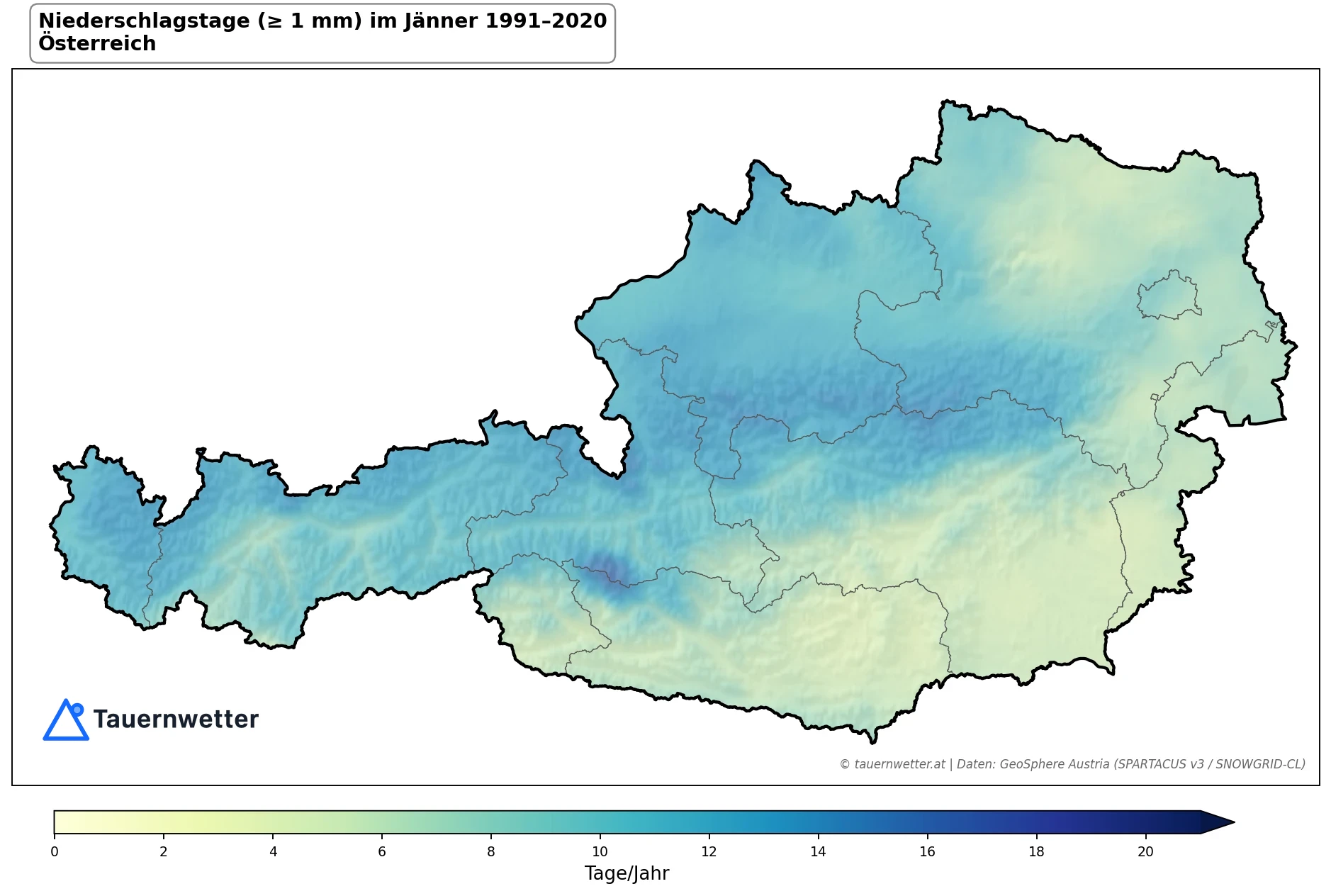 Klimakarte Niederschlagstage (≥ 1 mm), Jänner 1991–2020 in Österreich