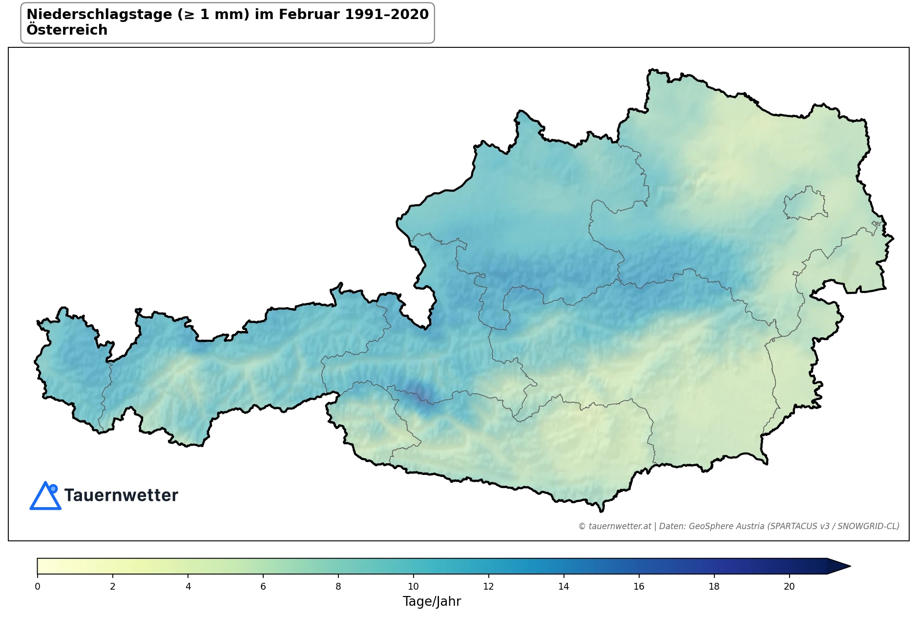 Klimakarte Niederschlagstage (≥ 1 mm), Februar 1991–2020 in Österreich