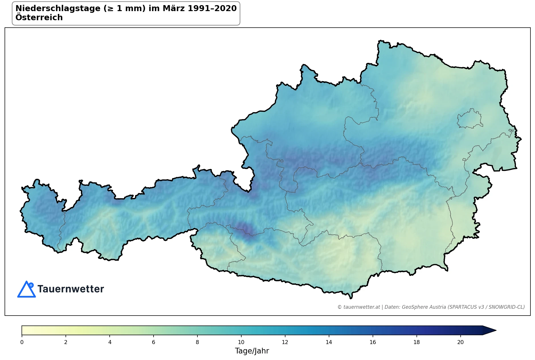 Klimakarte Niederschlagstage (≥ 1 mm), März 1991–2020 in Österreich
