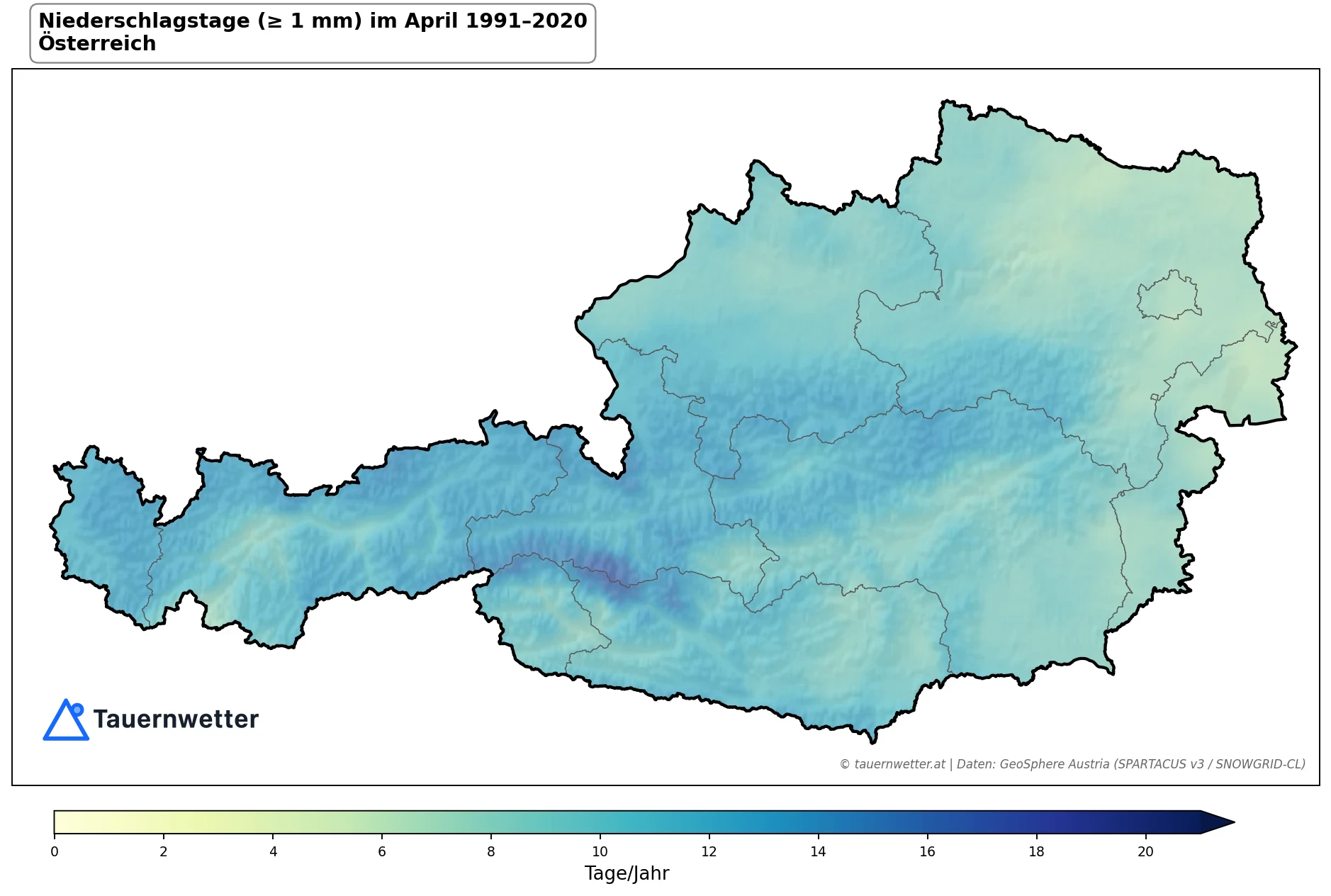 Klimakarte Niederschlagstage (≥ 1 mm), April 1991–2020 in Österreich
