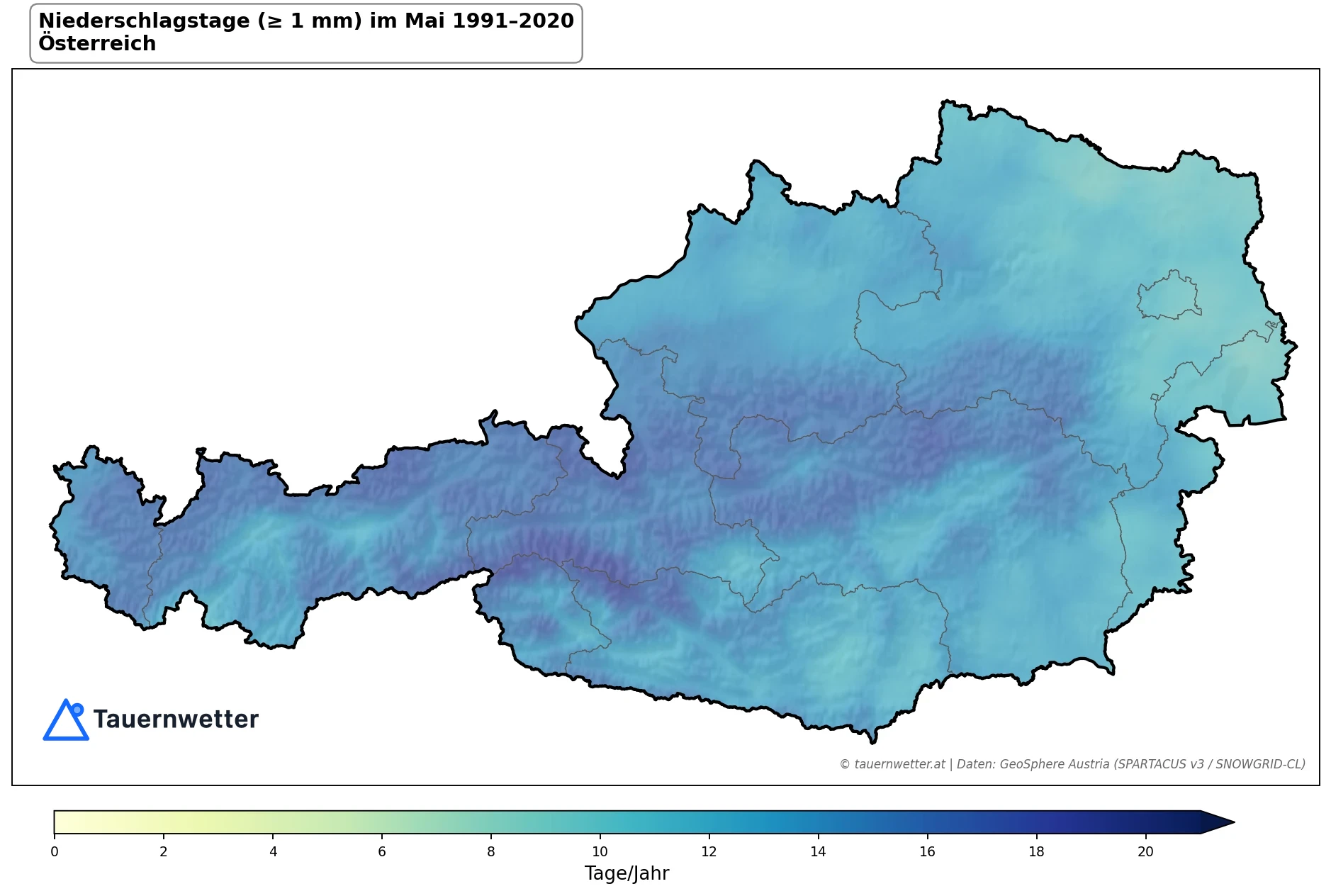Klimakarte Niederschlagstage (≥ 1 mm), Mai 1991–2020 in Österreich
