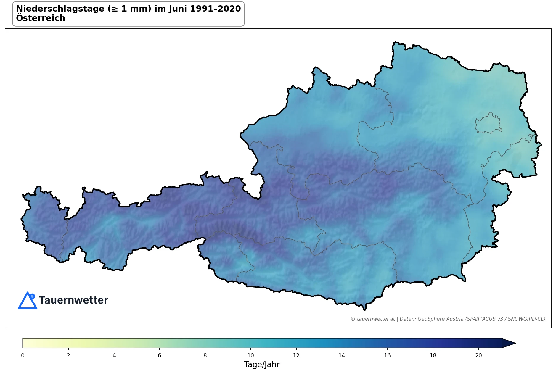 Klimakarte Niederschlagstage (≥ 1 mm), Juni 1991–2020 in Österreich