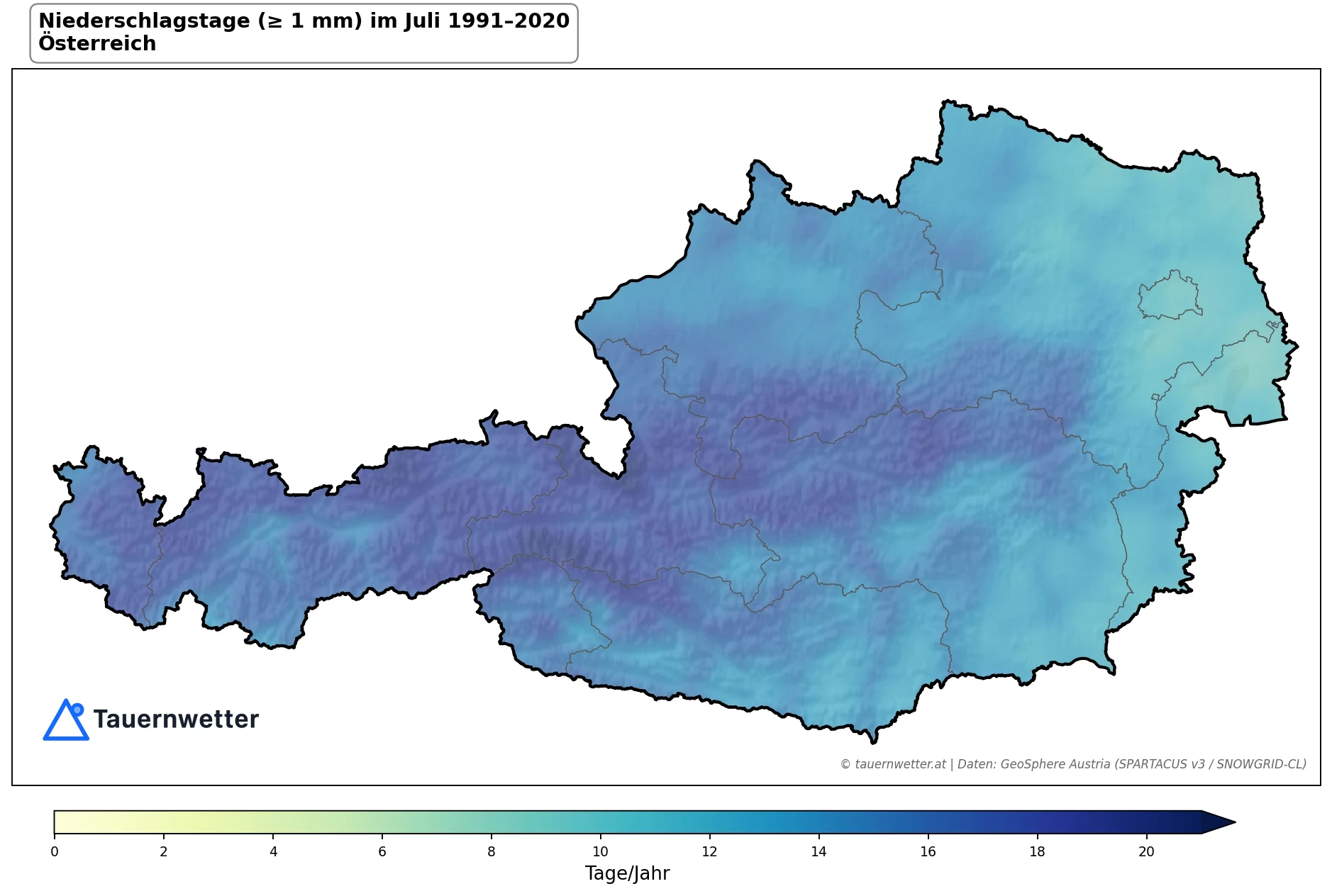 Klimakarte Niederschlagstage (≥ 1 mm), Juli 1991–2020 in Österreich