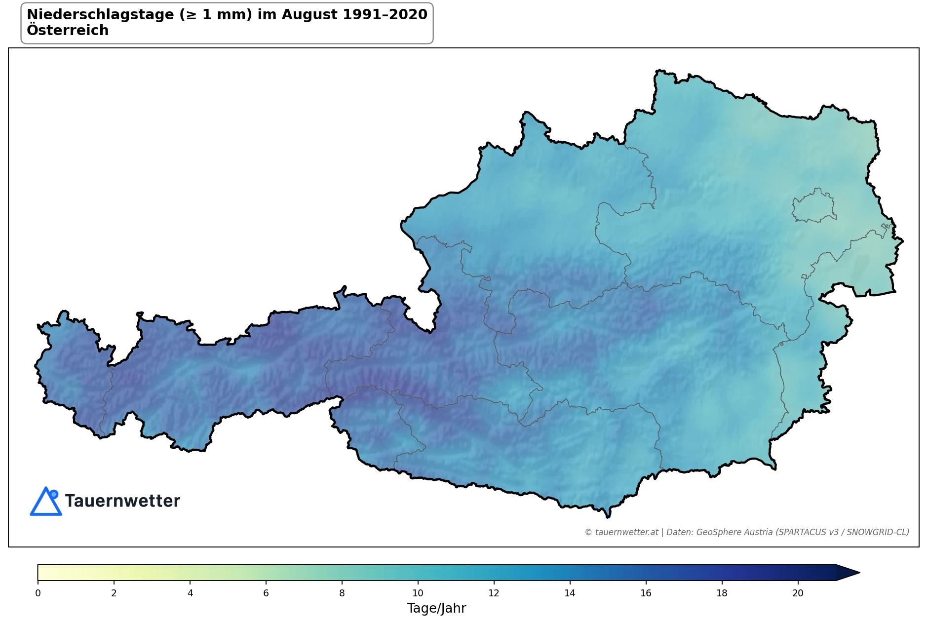 Klimakarte Niederschlagstage (≥ 1 mm), August 1991–2020 in Österreich