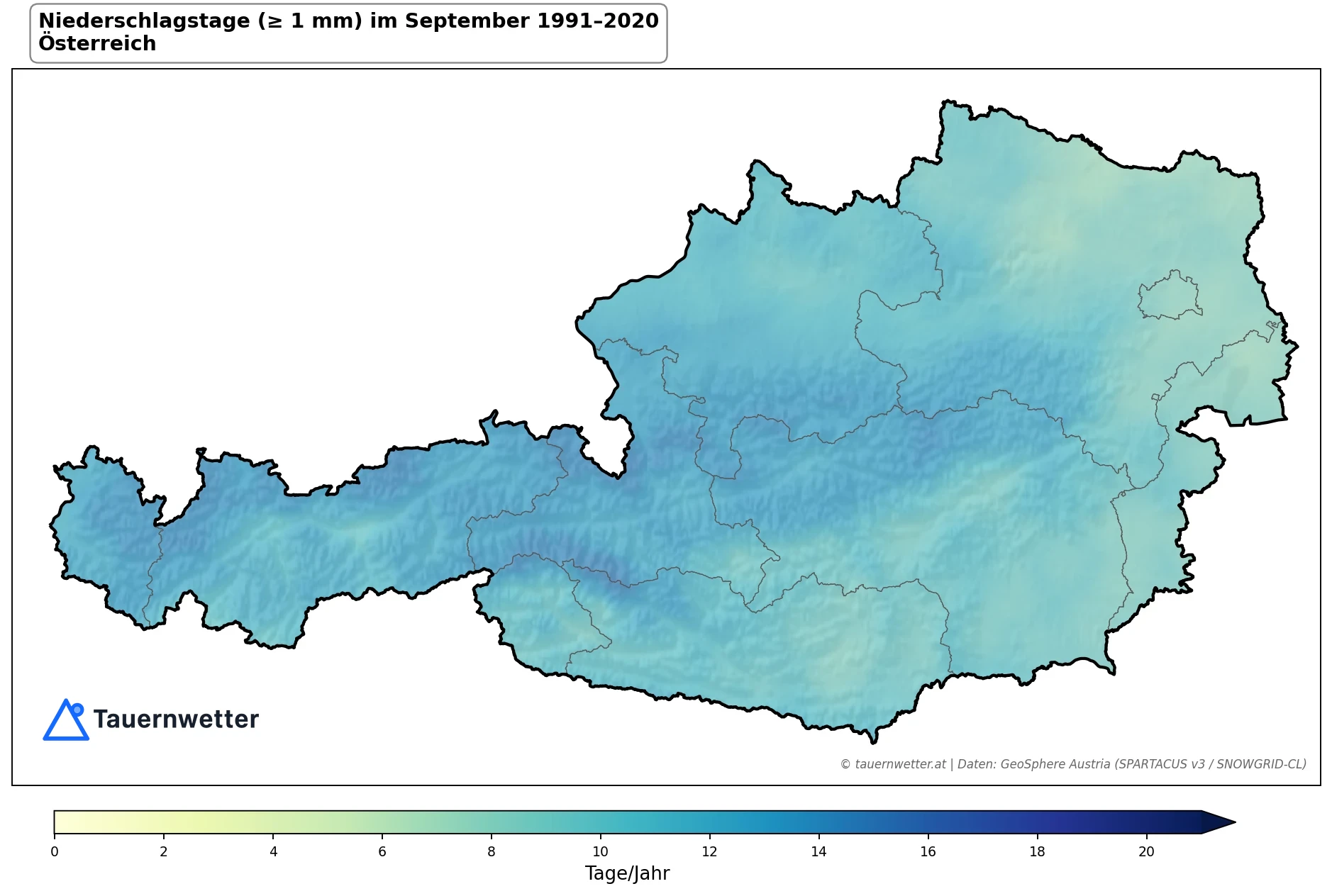 Klimakarte Niederschlagstage (≥ 1 mm), September 1991–2020 in Österreich