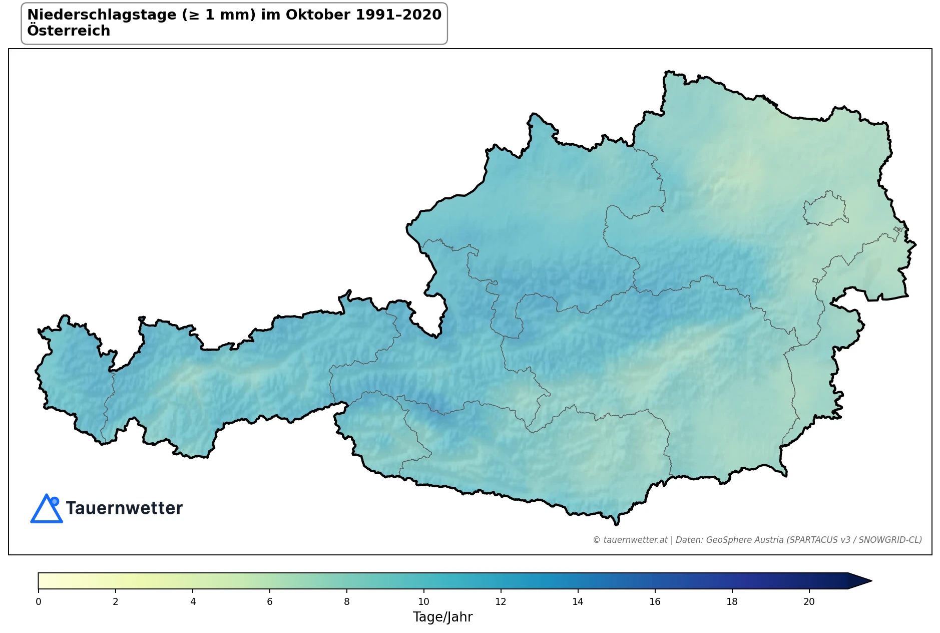 Klimakarte Niederschlagstage (≥ 1 mm), Oktober 1991–2020 in Österreich