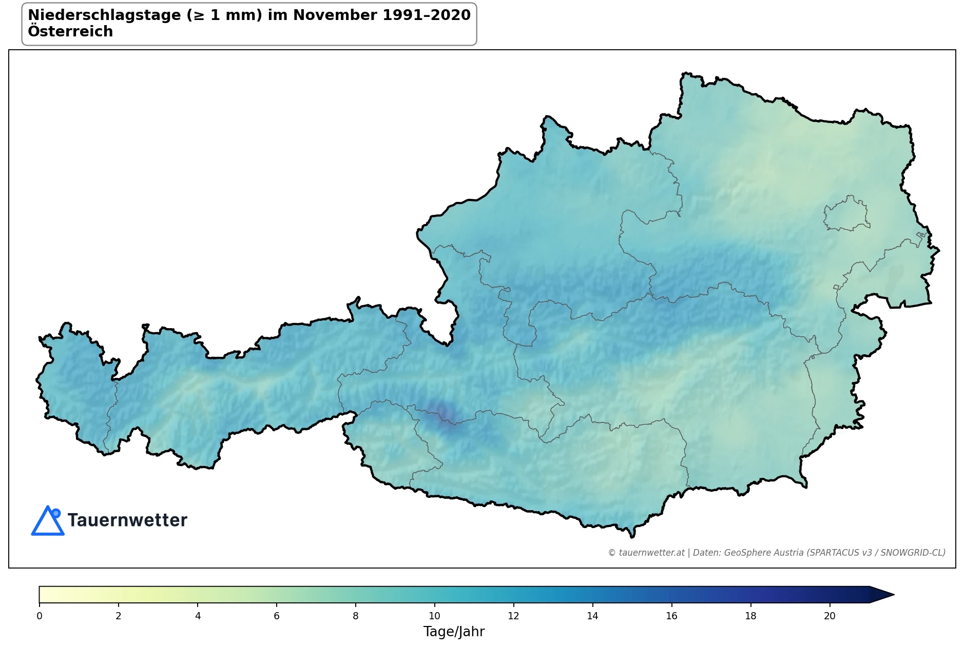 Klimakarte Niederschlagstage (≥ 1 mm), November 1991–2020 in Österreich