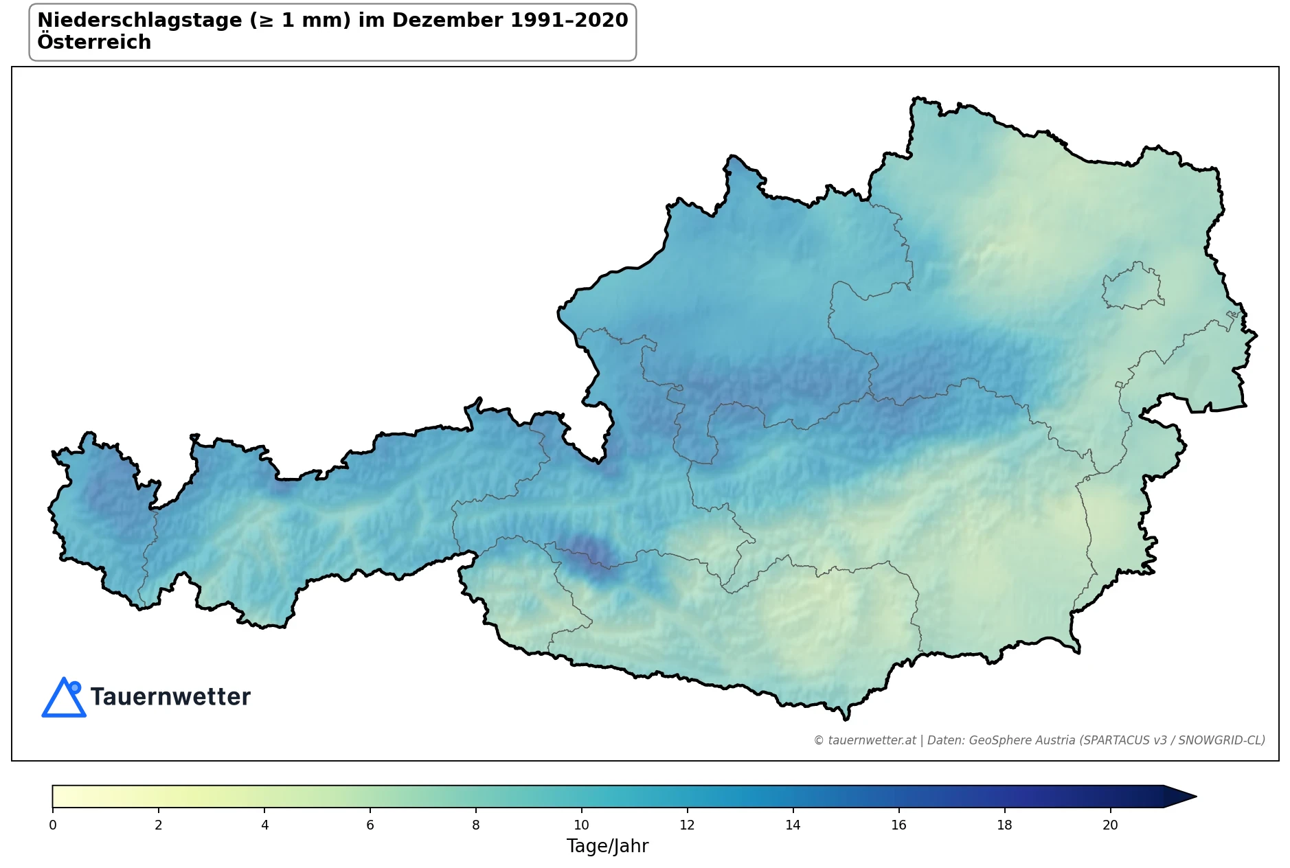 Klimakarte Niederschlagstage (≥ 1 mm), Dezember 1991–2020 in Österreich