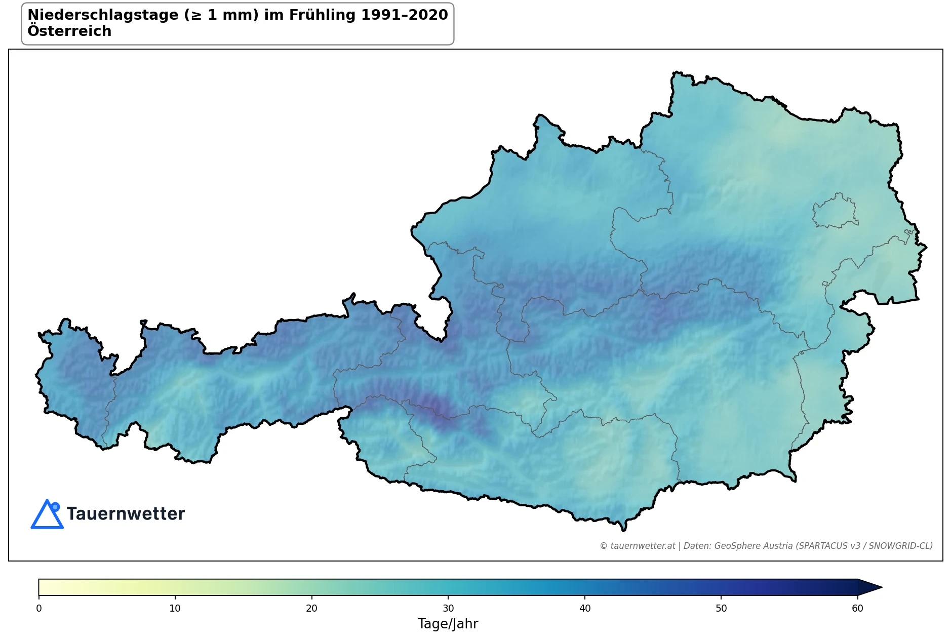 Klimakarte Niederschlagstage (≥ 1 mm), Frühling (MAM) 1991–2020 in Österreich