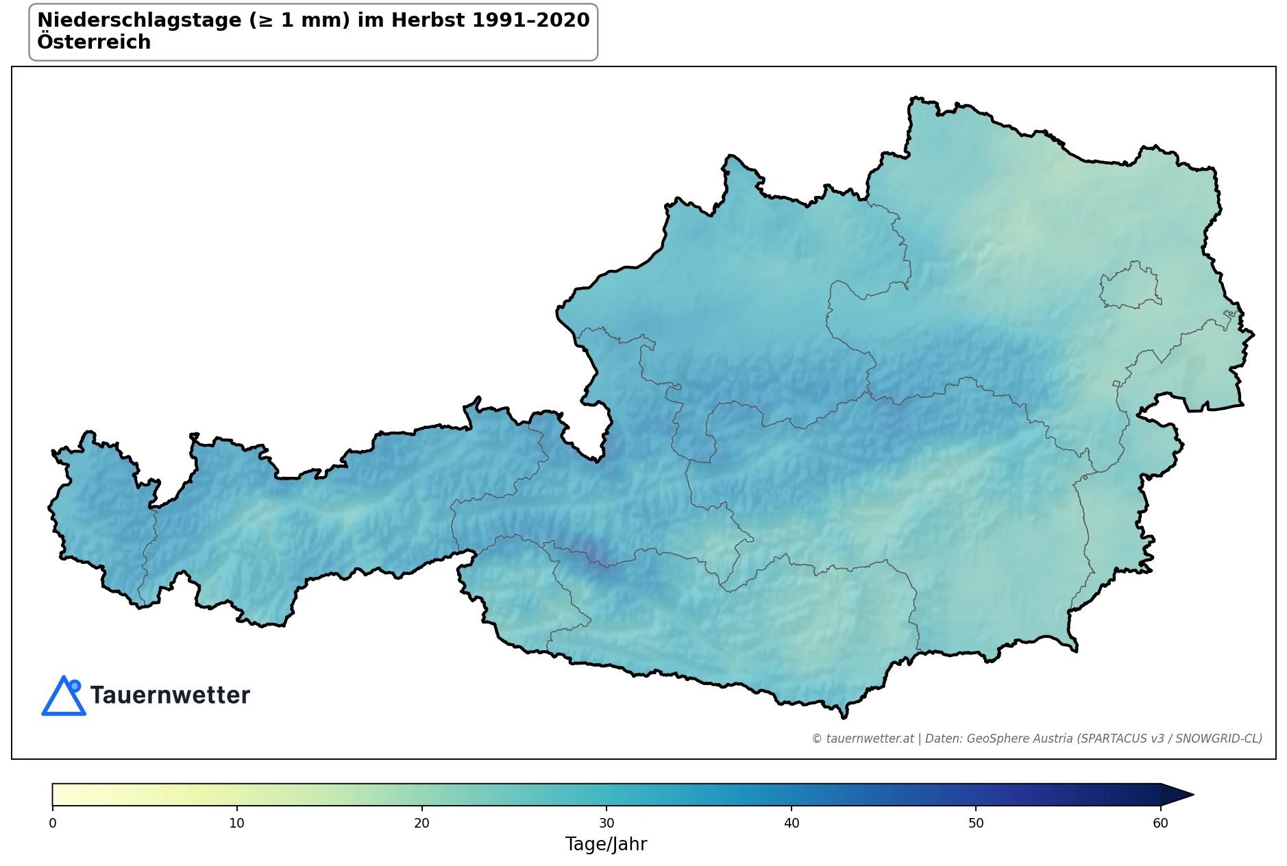 Klimakarte Niederschlagstage (≥ 1 mm), Herbst (SON) 1991–2020 in Österreich
