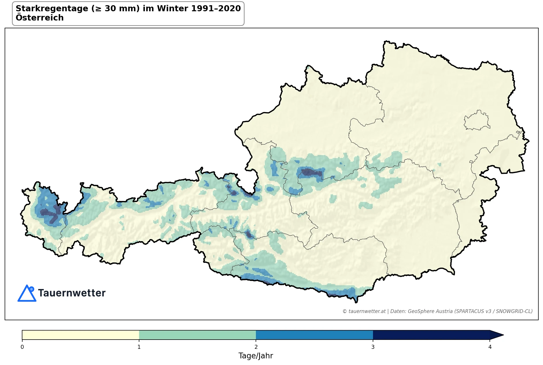 Klimakarte Starkniederschlagstage (≥ 30 mm), Winter (DJF) 1991–2020 in Österreich