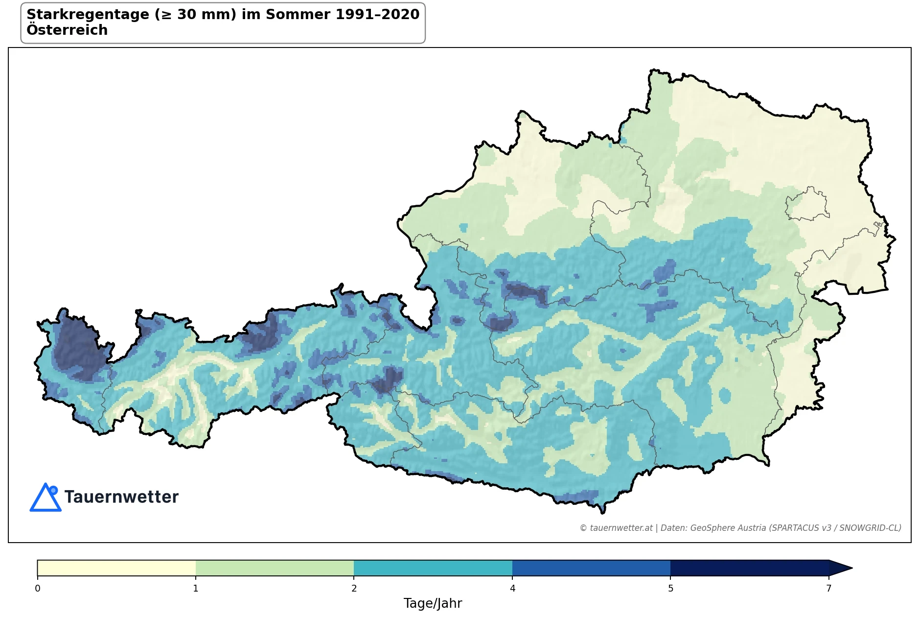 Klimakarte Starkniederschlagstage (≥ 30 mm), Sommer (JJA) 1991–2020 in Österreich