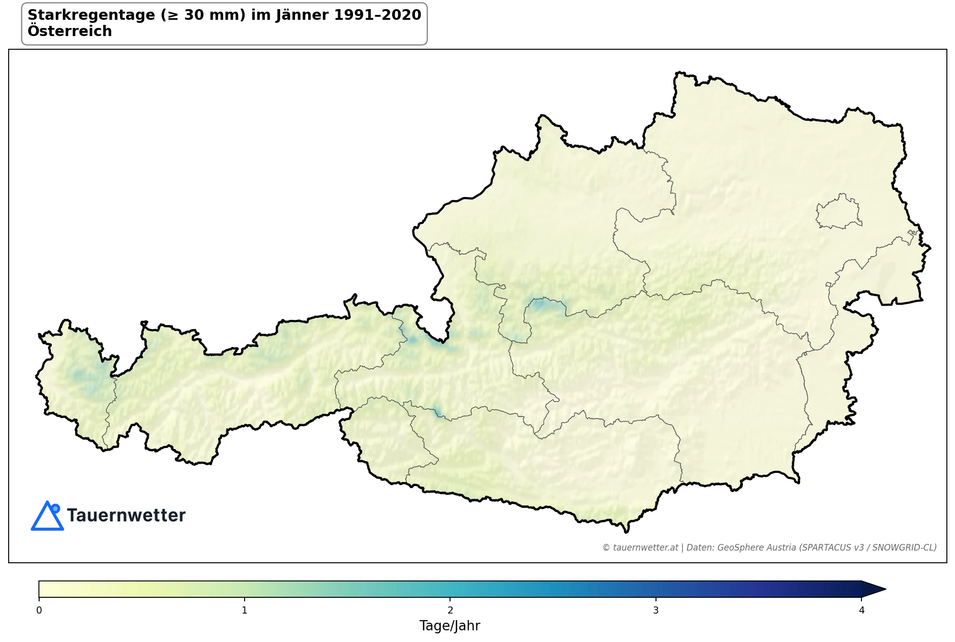 Klimakarte Starkniederschlagstage (≥ 30 mm), Jänner 1991–2020 in Österreich