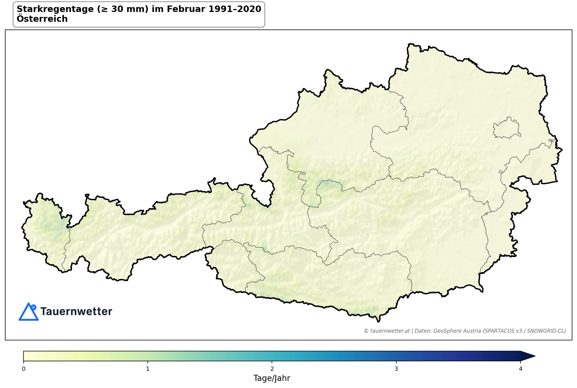 Klimakarte Starkniederschlagstage (≥ 30 mm), Februar 1991–2020 in Österreich