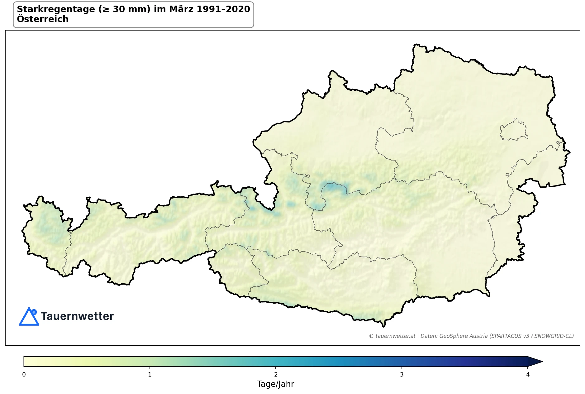 Klimakarte Starkniederschlagstage (≥ 30 mm), März 1991–2020 in Österreich