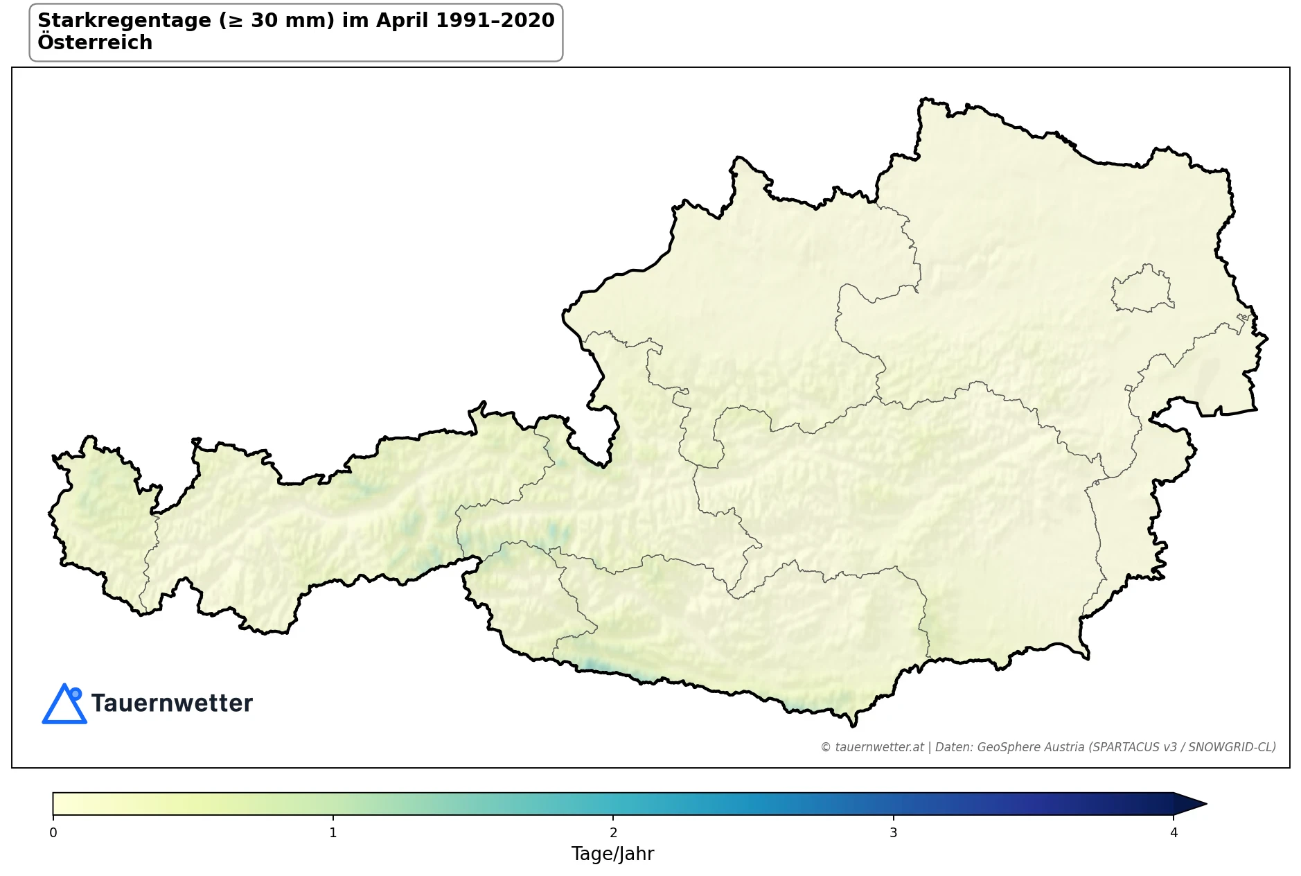 Klimakarte Starkniederschlagstage (≥ 30 mm), April 1991–2020 in Österreich