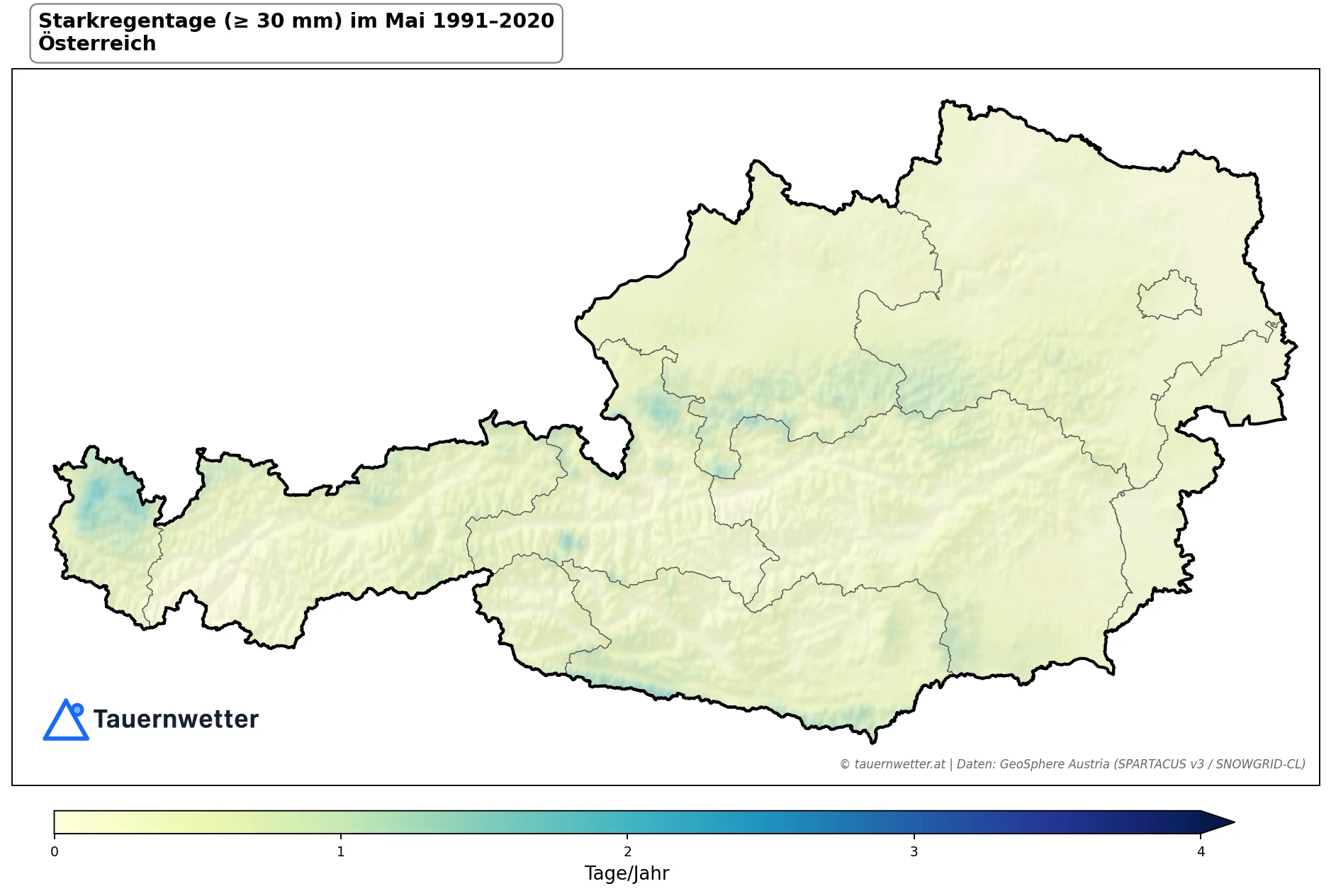 Klimakarte Starkniederschlagstage (≥ 30 mm), Mai 1991–2020 in Österreich
