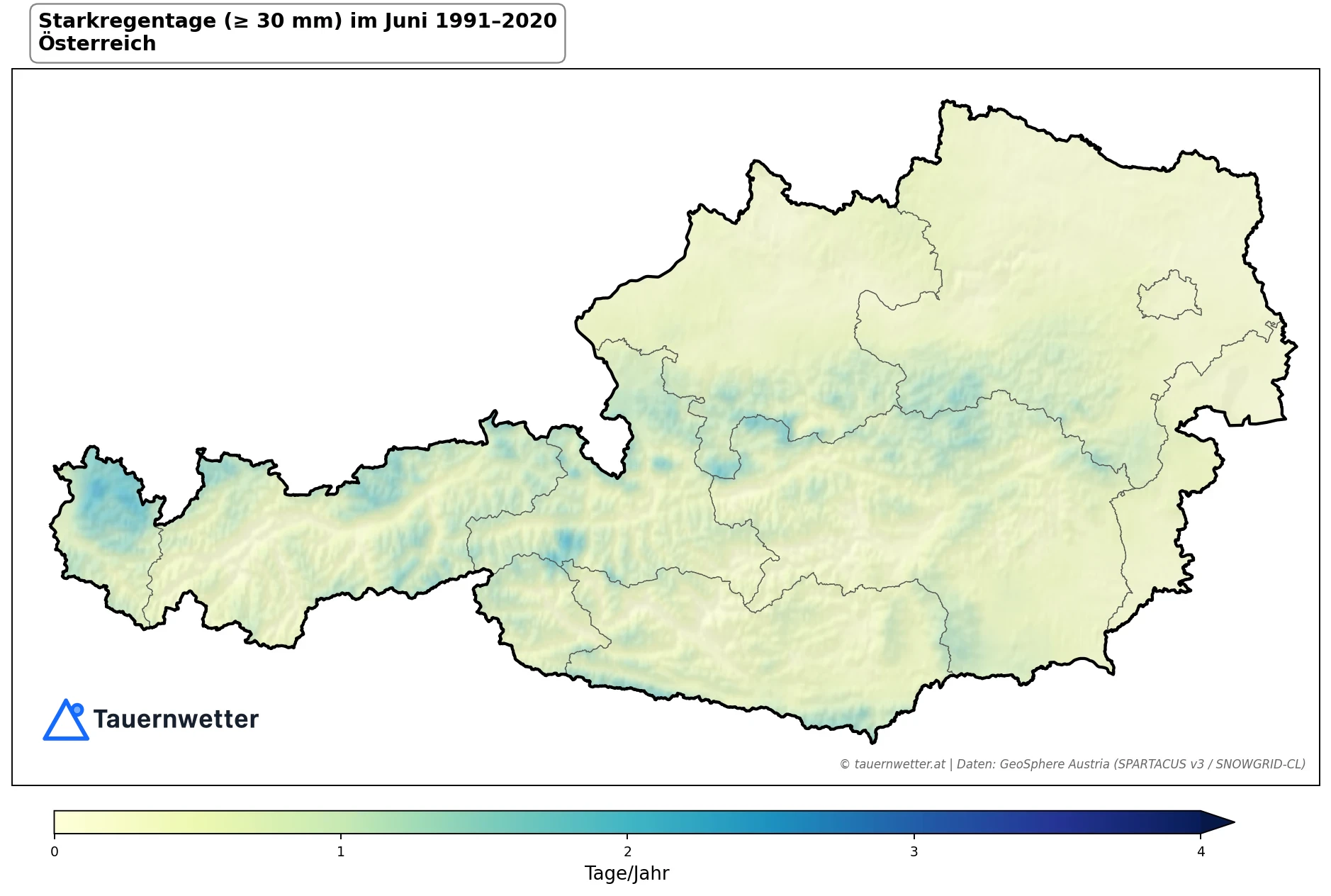 Klimakarte Starkniederschlagstage (≥ 30 mm), Juni 1991–2020 in Österreich
