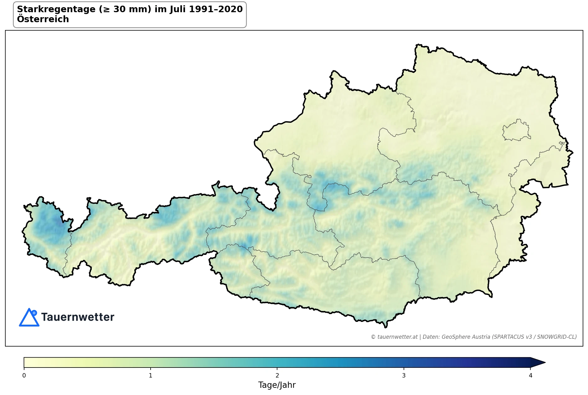 Klimakarte Starkniederschlagstage (≥ 30 mm), Juli 1991–2020 in Österreich