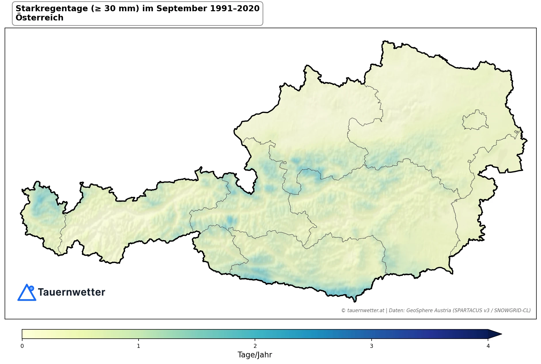 Klimakarte Starkniederschlagstage (≥ 30 mm), September 1991–2020 in Österreich