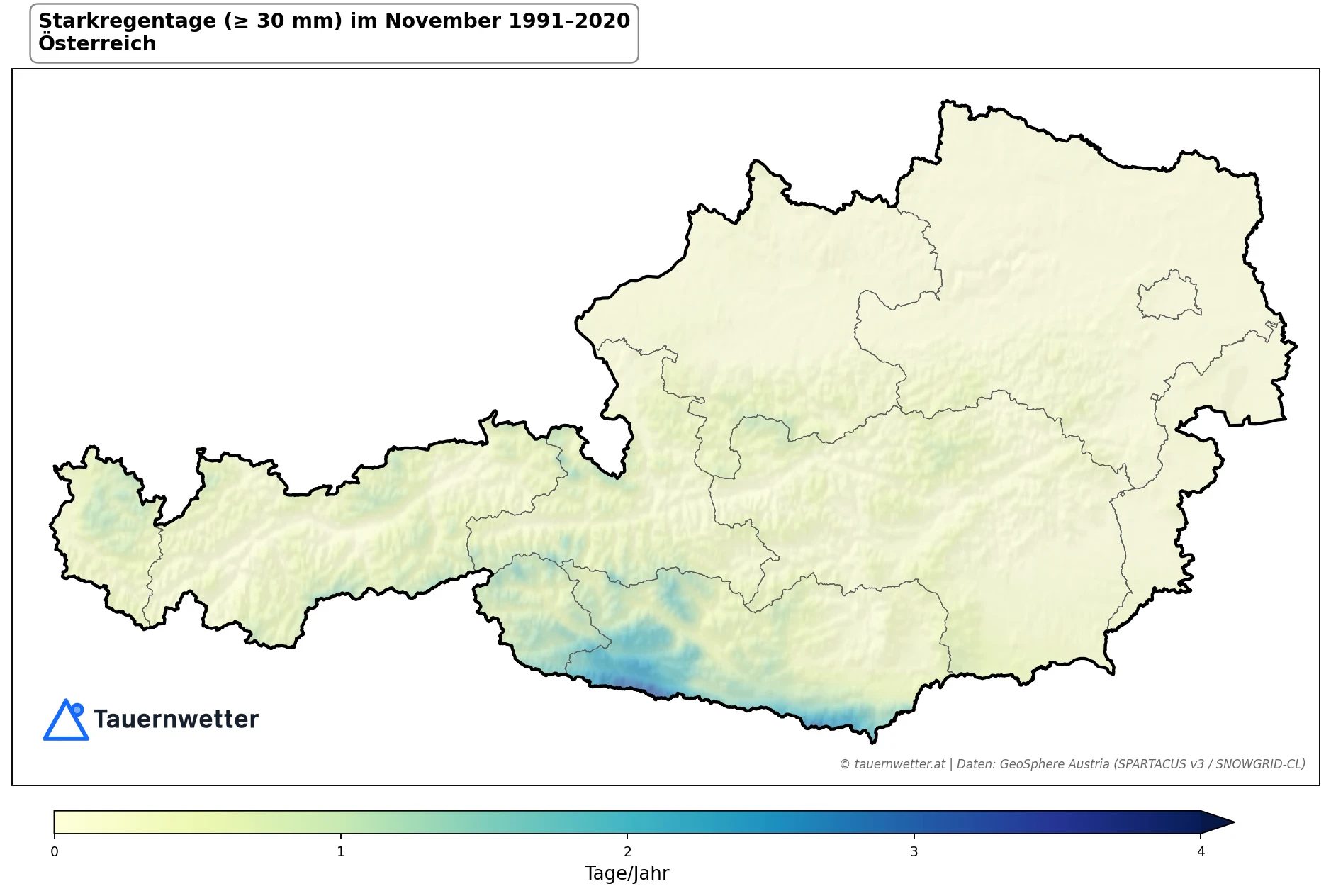 Klimakarte Starkniederschlagstage (≥ 30 mm), November 1991–2020 in Österreich