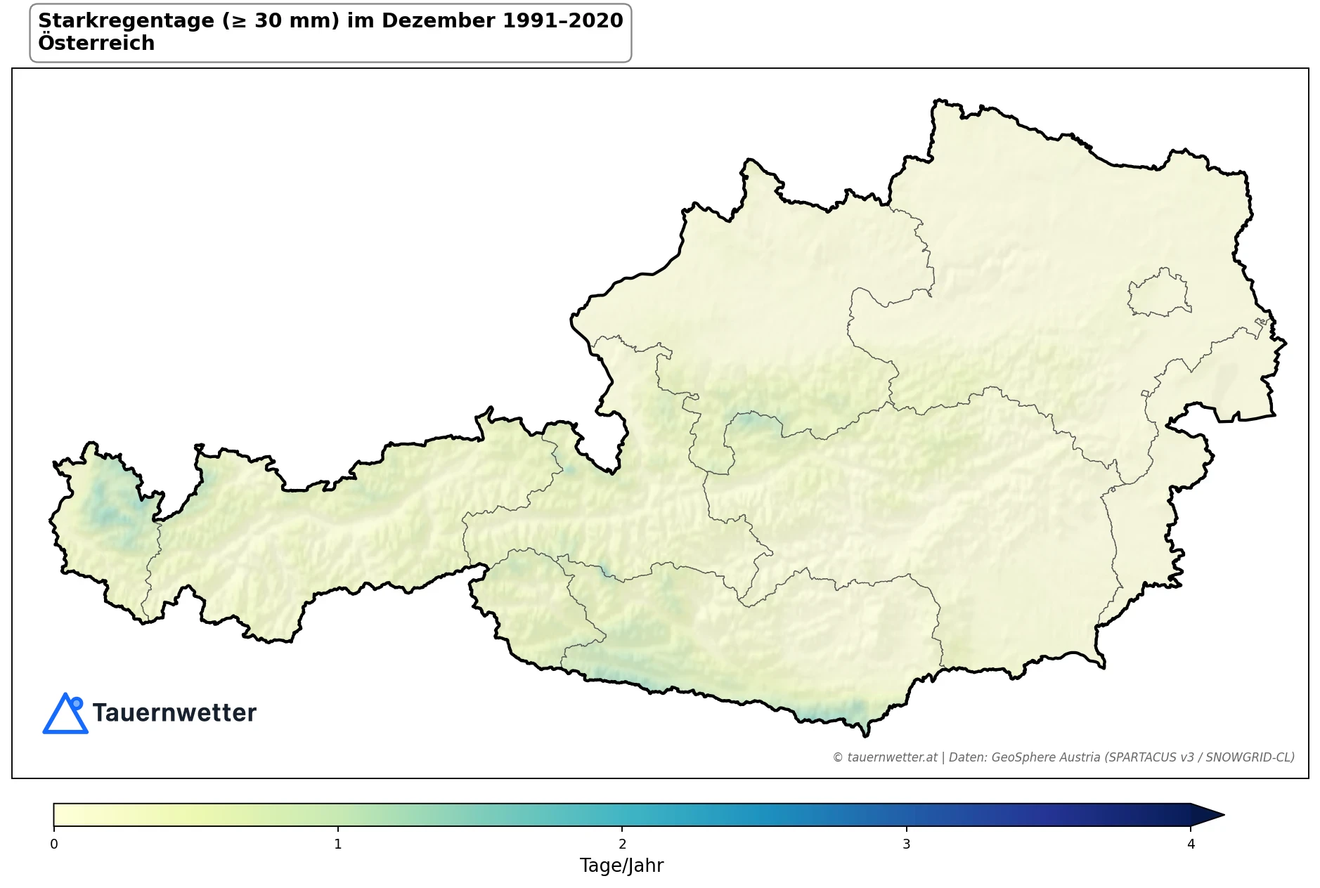 Klimakarte Starkniederschlagstage (≥ 30 mm), Dezember 1991–2020 in Österreich