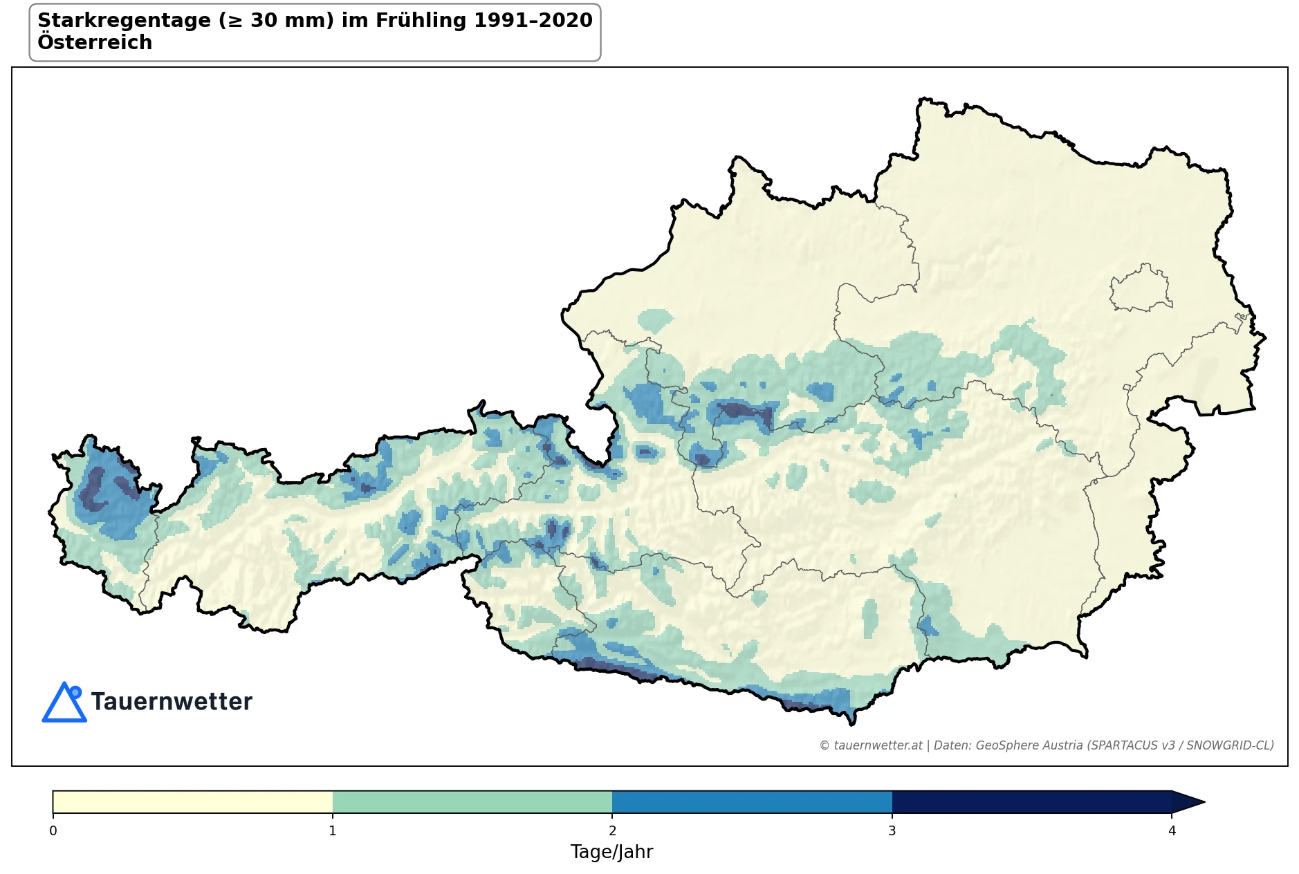 Klimakarte Starkniederschlagstage (≥ 30 mm), Frühling (MAM) 1991–2020 in Österreich