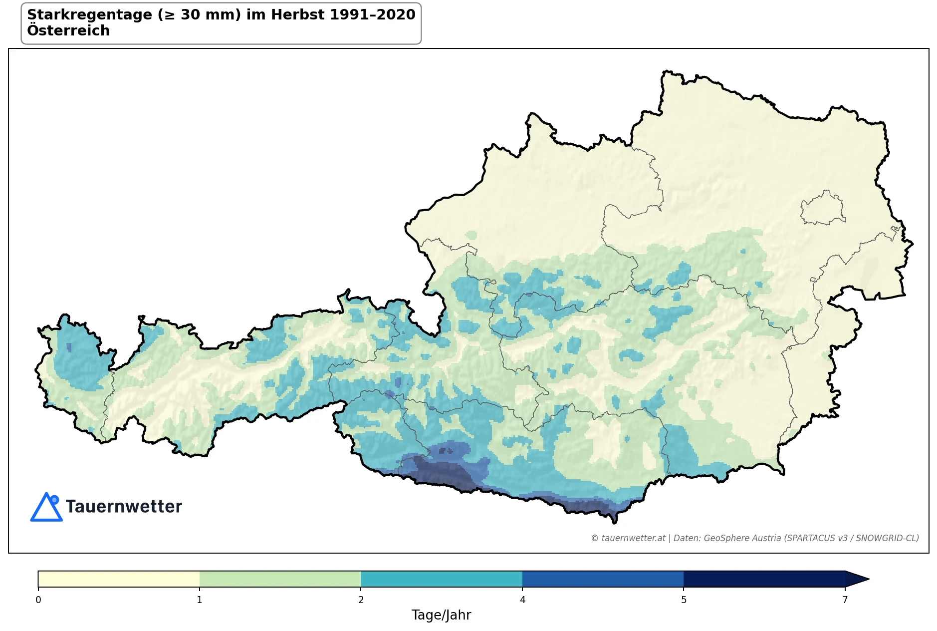 Klimakarte Starkniederschlagstage (≥ 30 mm), Herbst (SON) 1991–2020 in Österreich