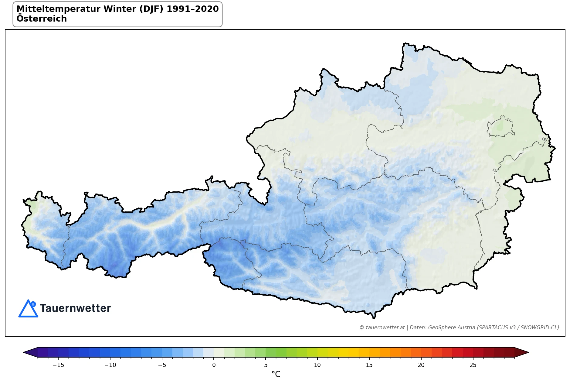 Klimakarte Mitteltemperatur, Winter (DJF) 1991–2020 in Österreich