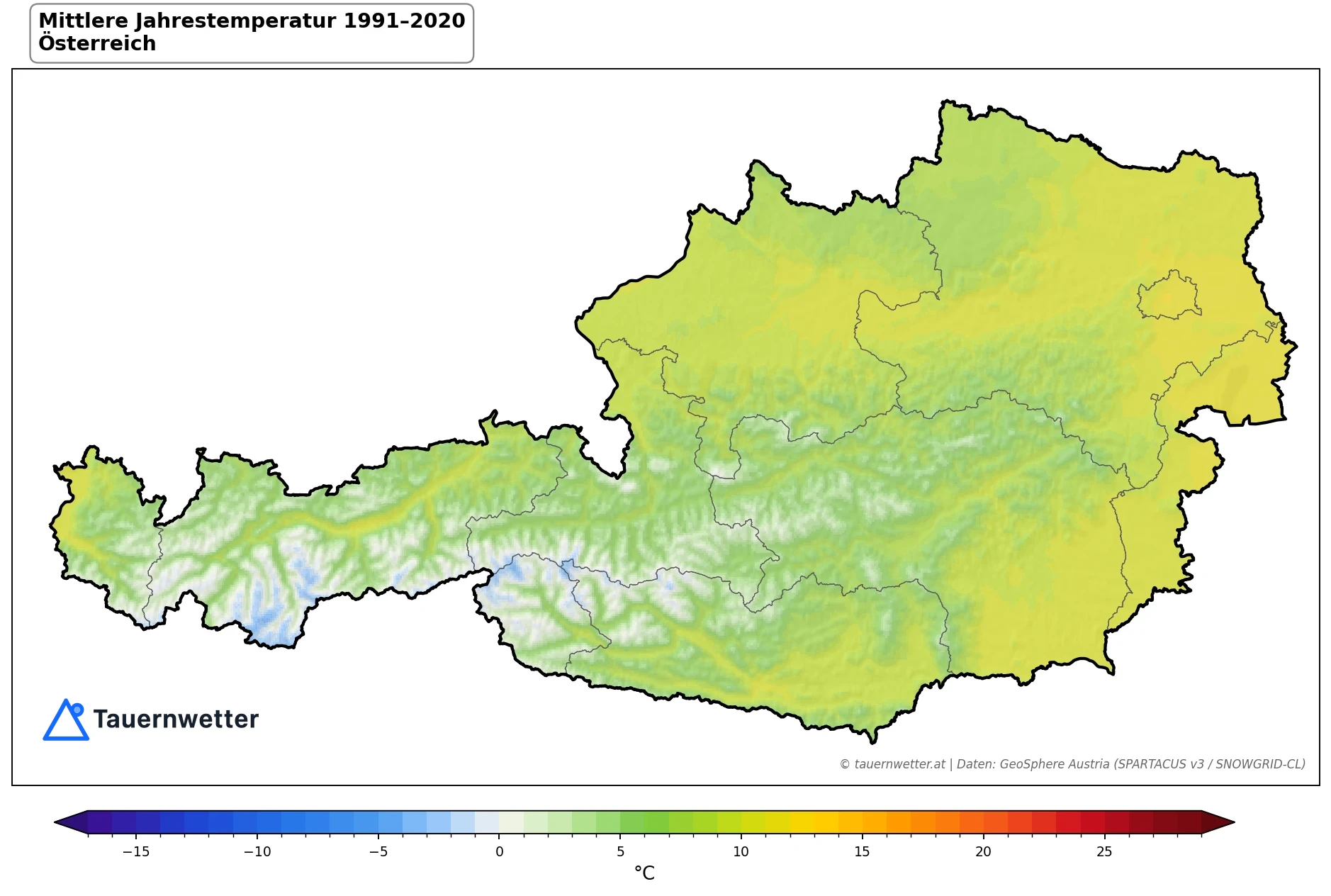 Klimakarte Mitteltemperatur, Jahr 1991–2020 in Österreich