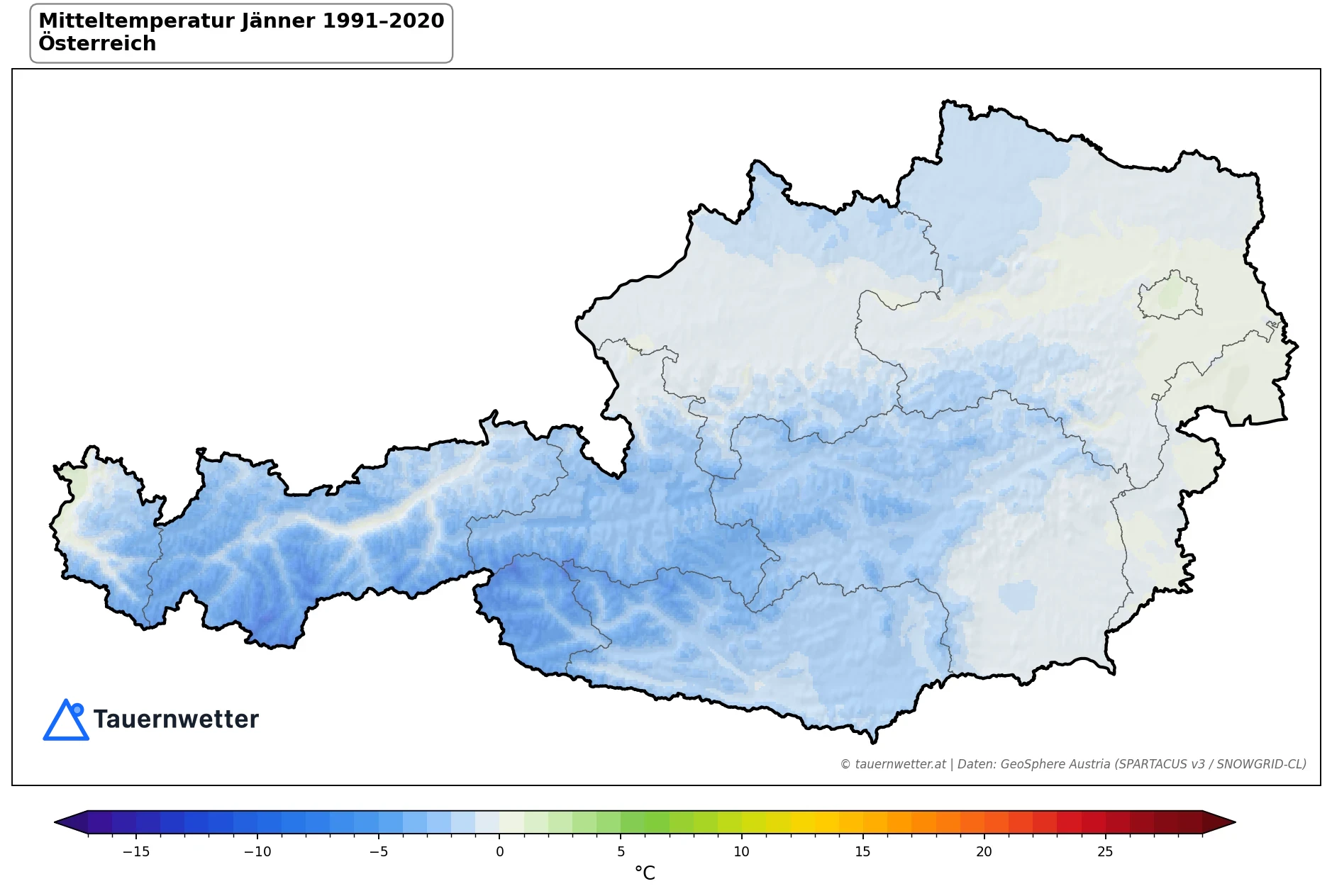 Klimakarte Mitteltemperatur, Jänner 1991–2020 in Österreich