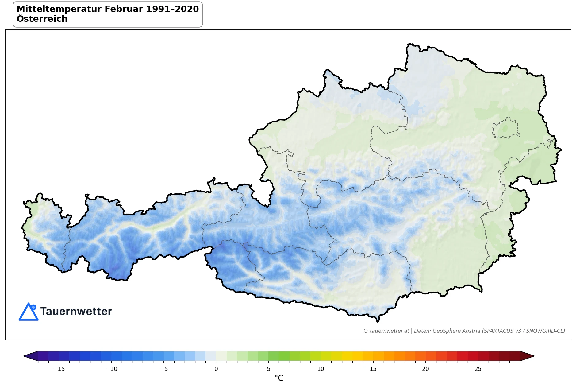 Klimakarte Mitteltemperatur, Februar 1991–2020 in Österreich
