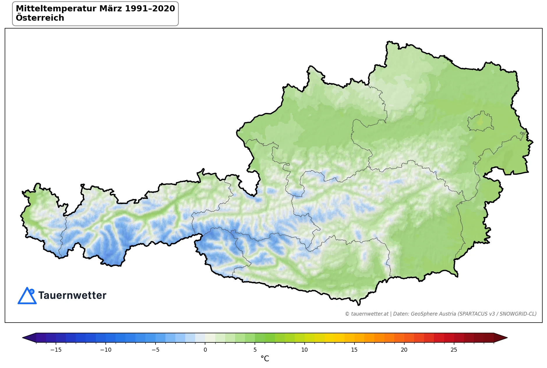 Klimakarte Mitteltemperatur, März 1991–2020 in Österreich