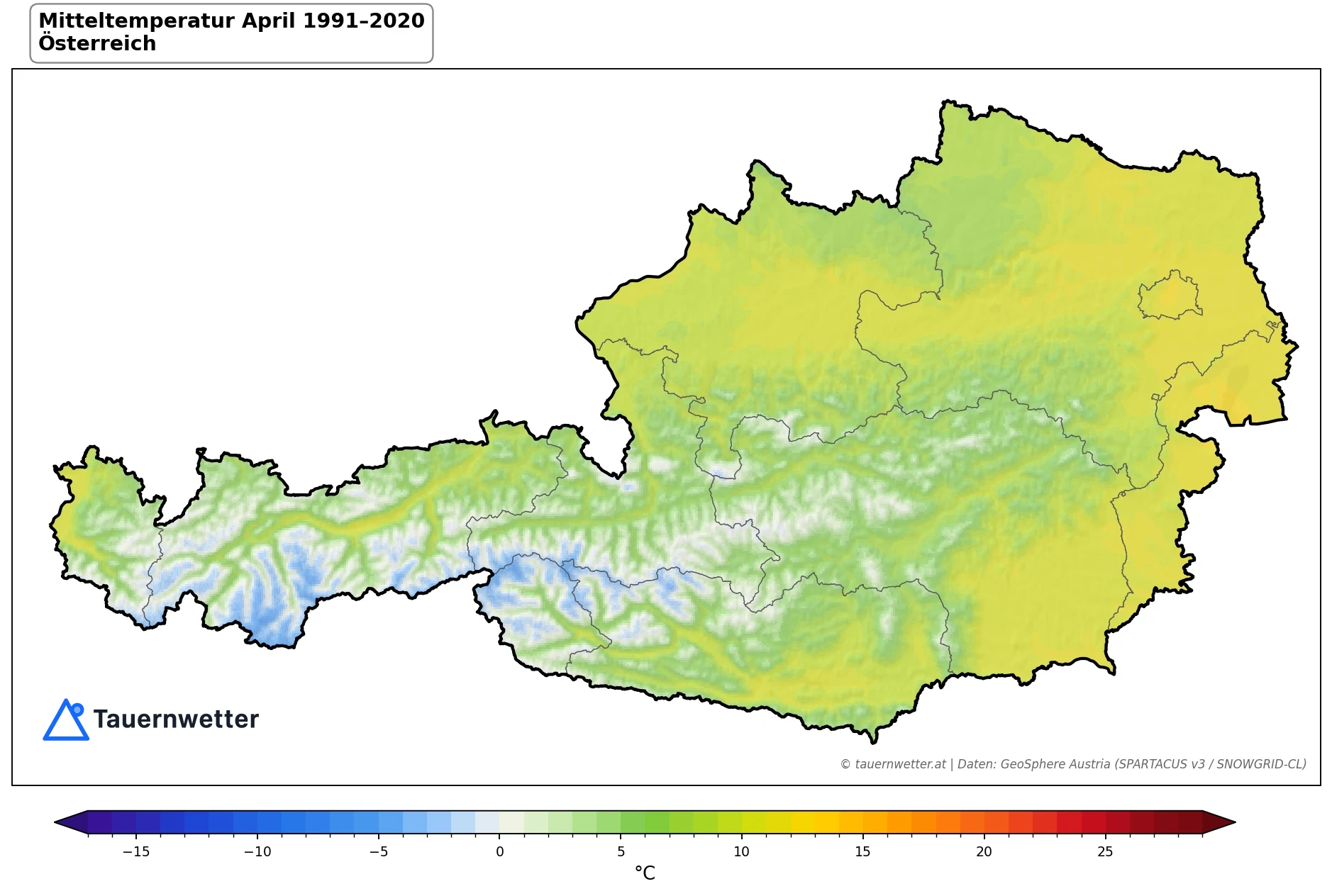 Klimakarte Mitteltemperatur, April 1991–2020 in Österreich
