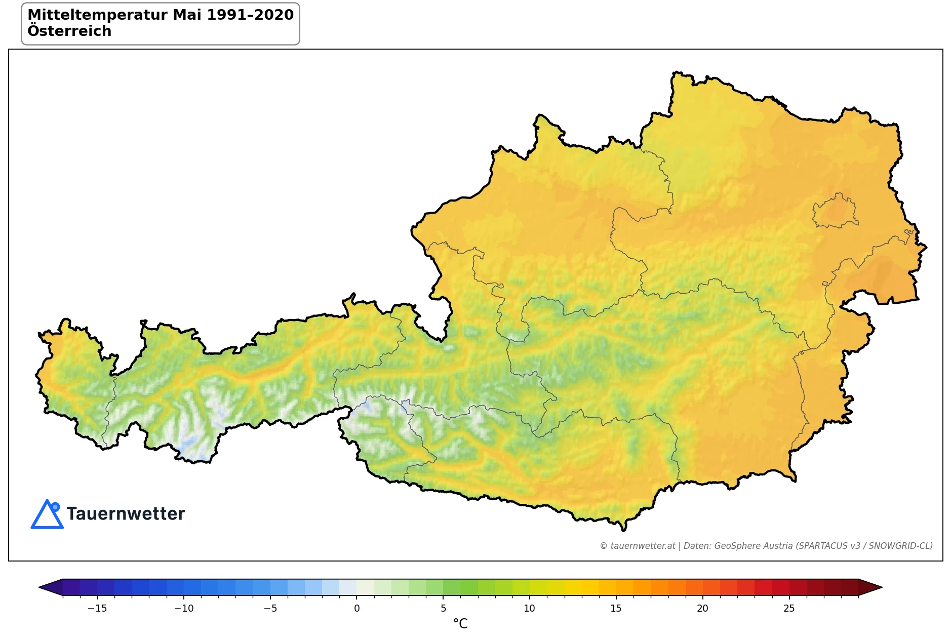 Klimakarte Mitteltemperatur, Mai 1991–2020 in Österreich