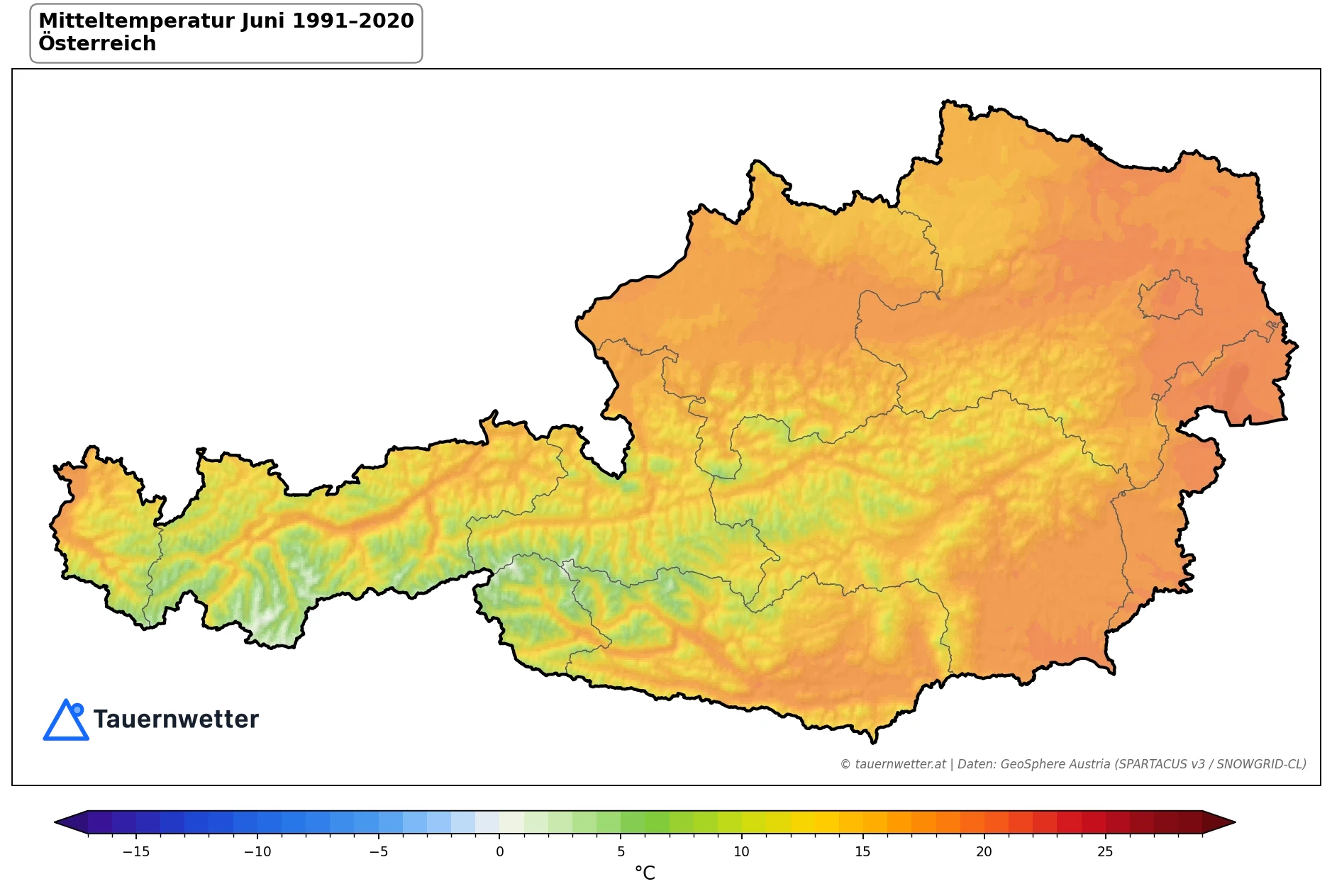 Klimakarte Mitteltemperatur, Juni 1991–2020 in Österreich