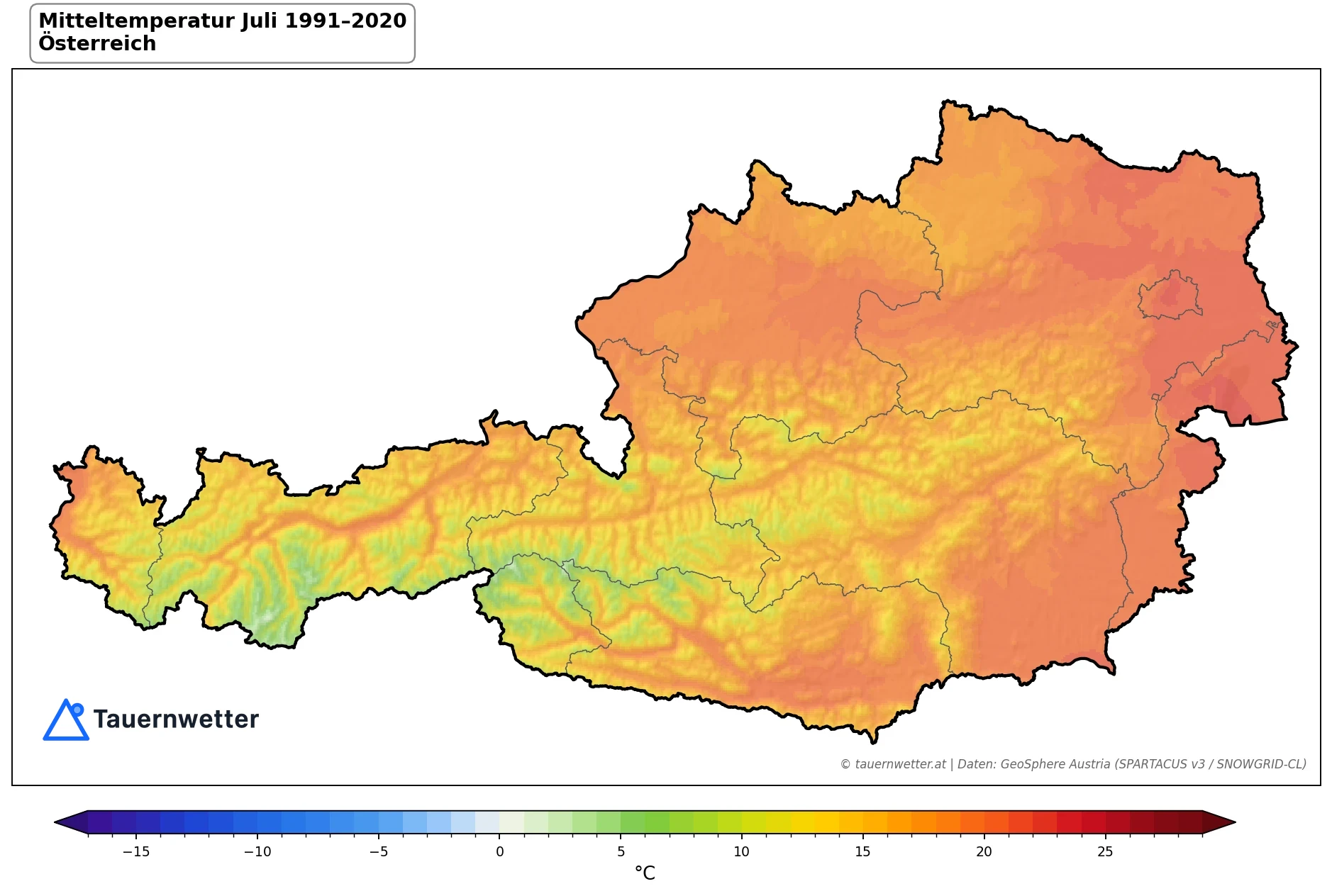 Klimakarte Mitteltemperatur, Juli 1991–2020 in Österreich
